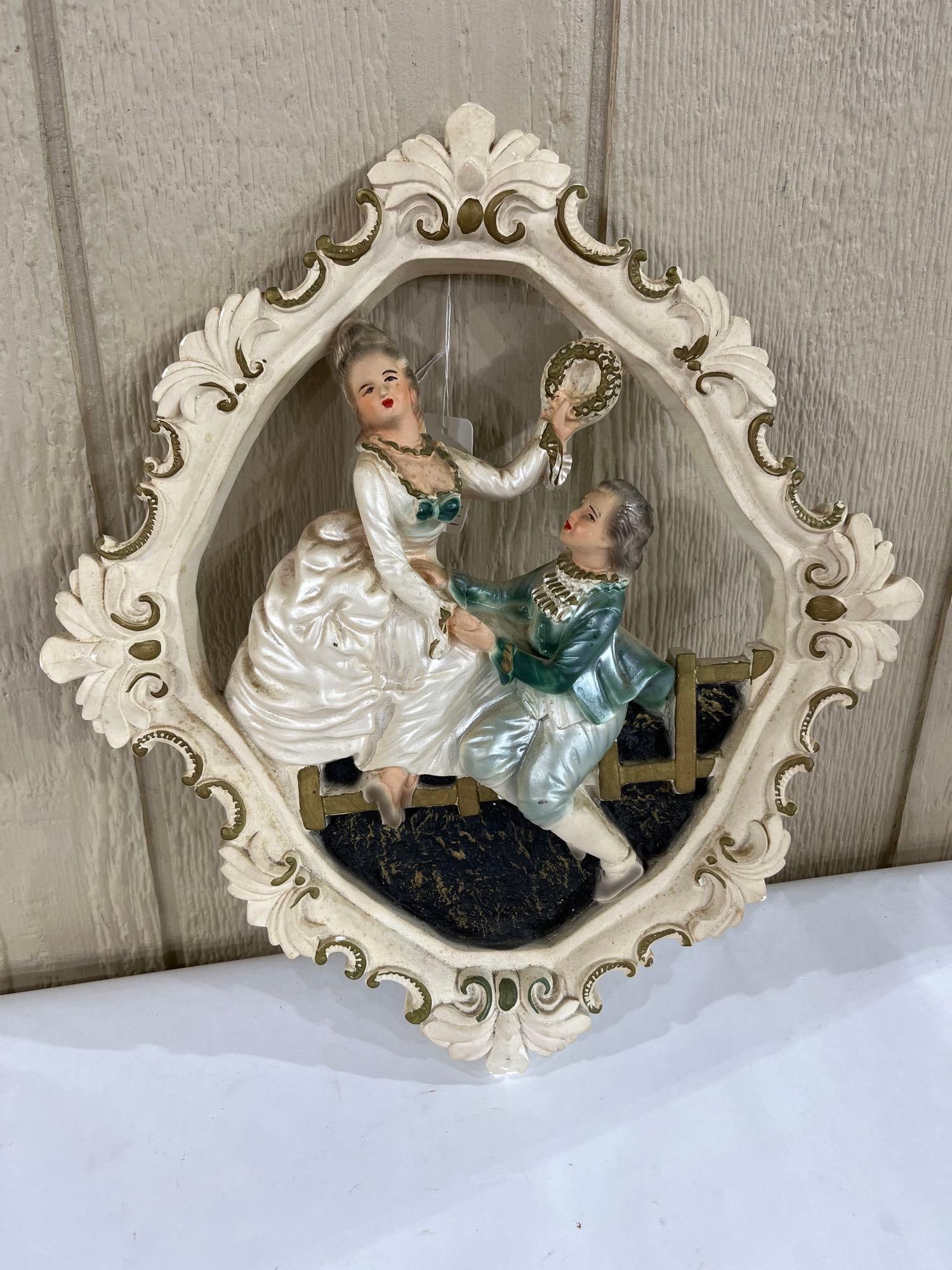 Vintage Mid-Century Chalkware Wall Plaque Featuring a Rococo Style Courtship Scene (1 of 5)