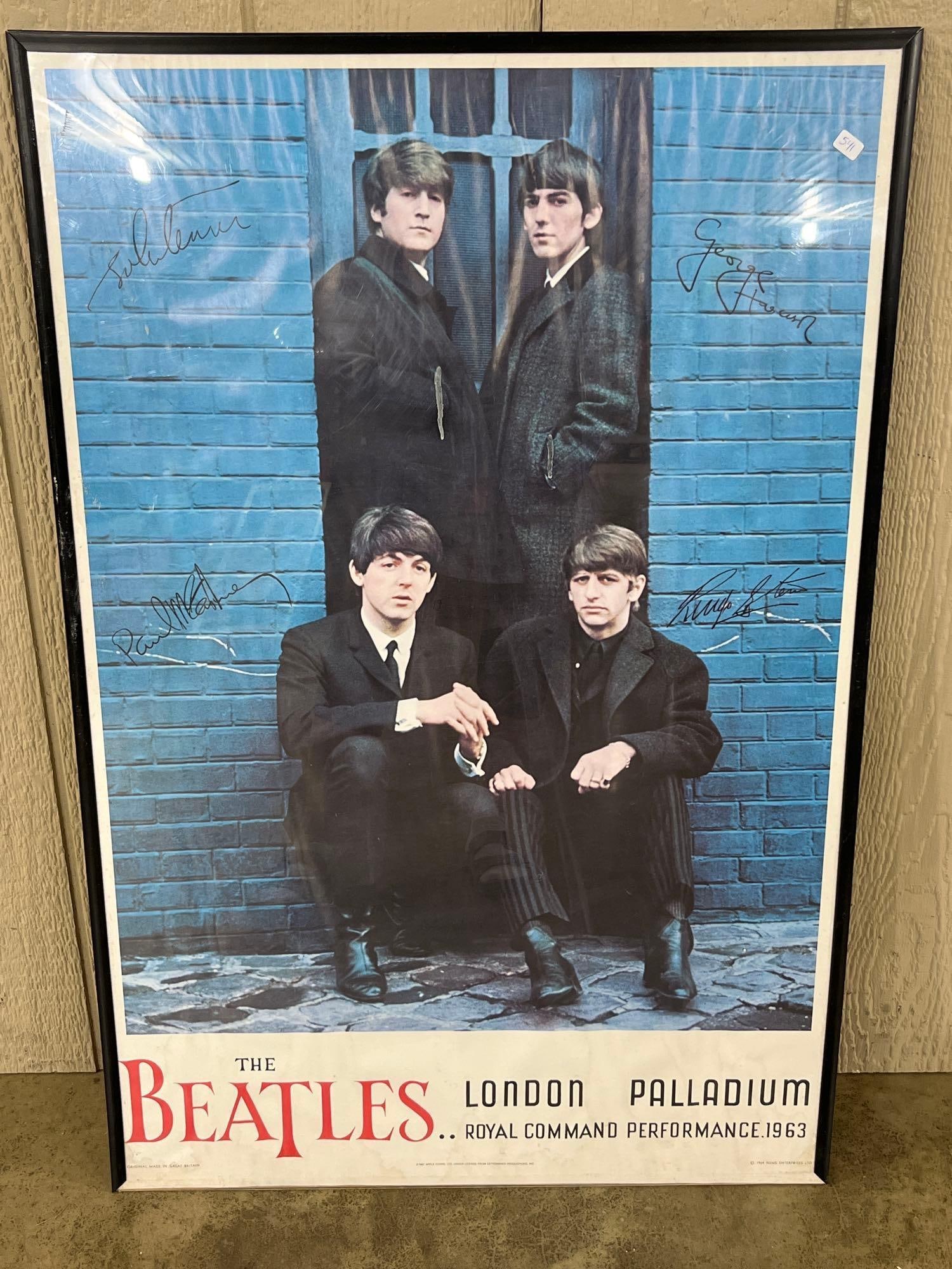 1987 Beatles London Palladium Royal Perf. Poster: This framed promotional poster commemorates The Beatles 1963 Royal Command Performance at the London Palladium. The poster displays a color photographic portrait of John Lennon, Paul McCartney,