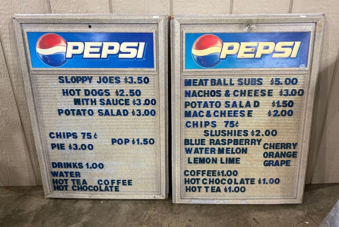 Pair Pepsi Grooved Menu Display Boards: A pair of vintage grooved menu display boards featuring late 1990s era Pepsi branding. The frames are constructed of molded plastic with a distinctive blue and white speckled finish. The display
