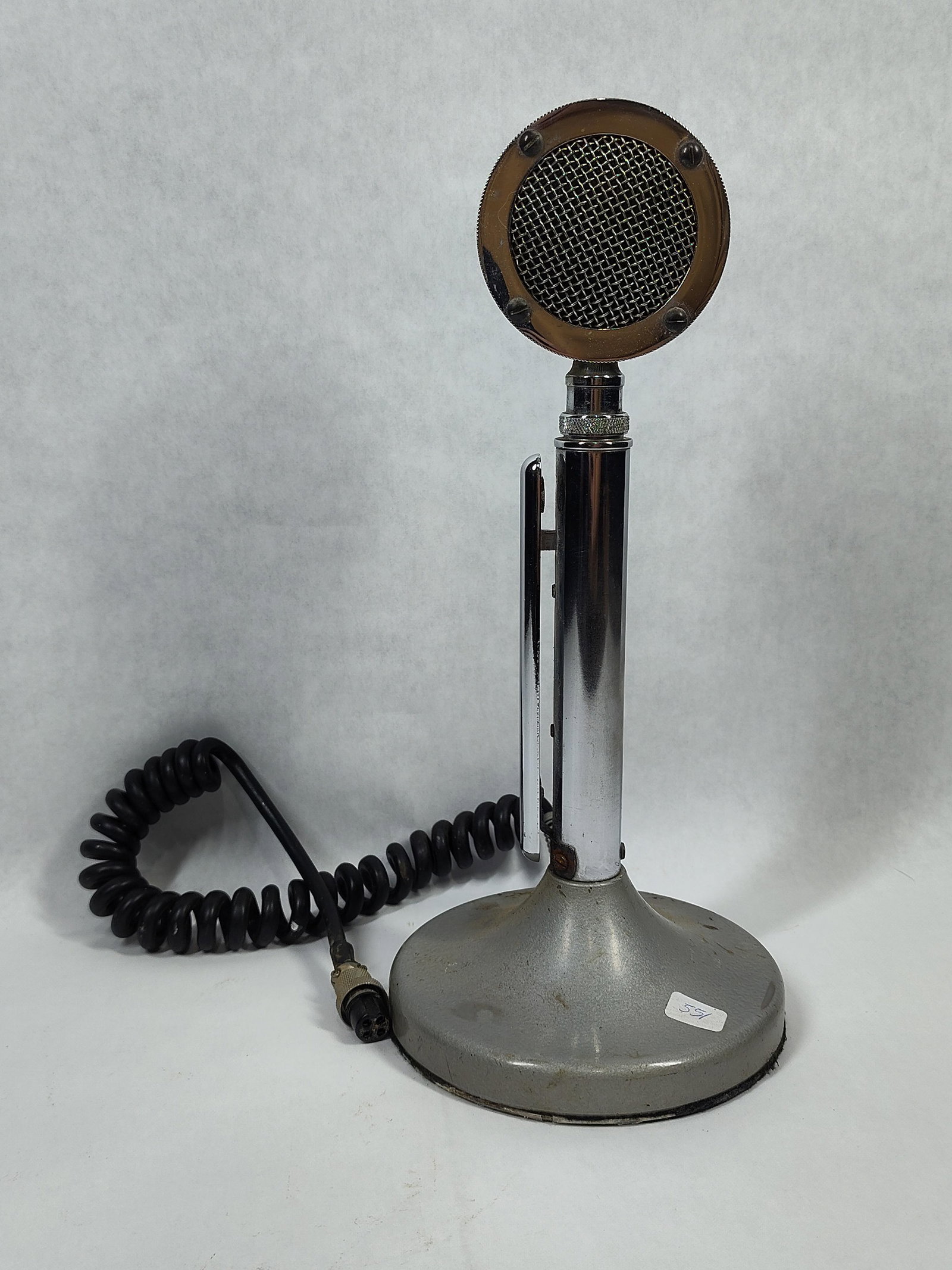 Astatic D-104 Lollipop Desktop Microphone: This is a vintage Astatic Model D-104 desktop microphone, a classic communication device manufactured in Conneaut, Ohio. The unit features a circular chrome-plated microphone head with a wire mesh