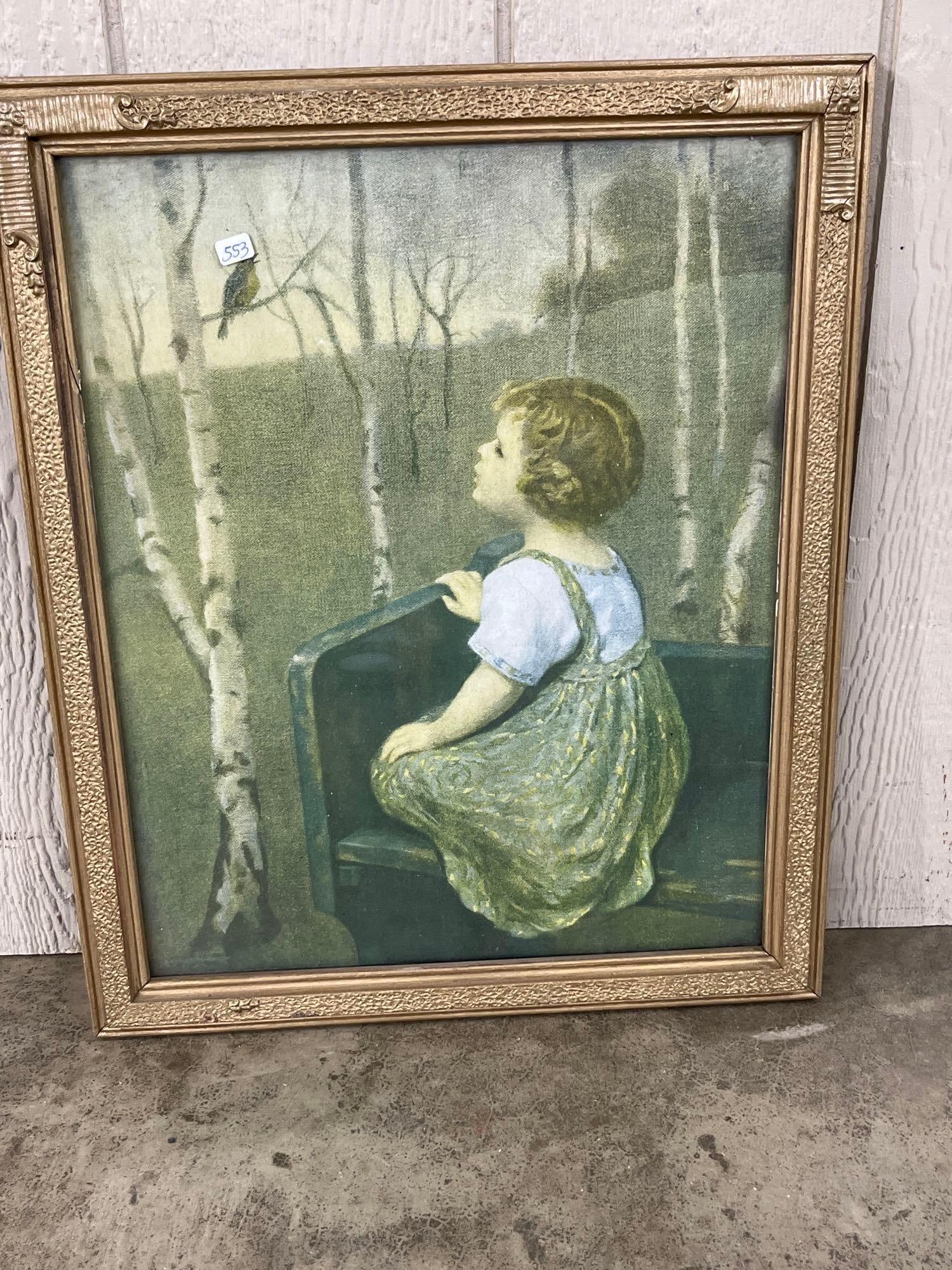 Simon Glucklich, Spring Song, Color Lithograph: This vintage color lithograph is a reproduction of the painting Spring Song by Simon Glucklich (1863-1943). The work depicts a sentimental scene of a young child with short blonde hair seated on a