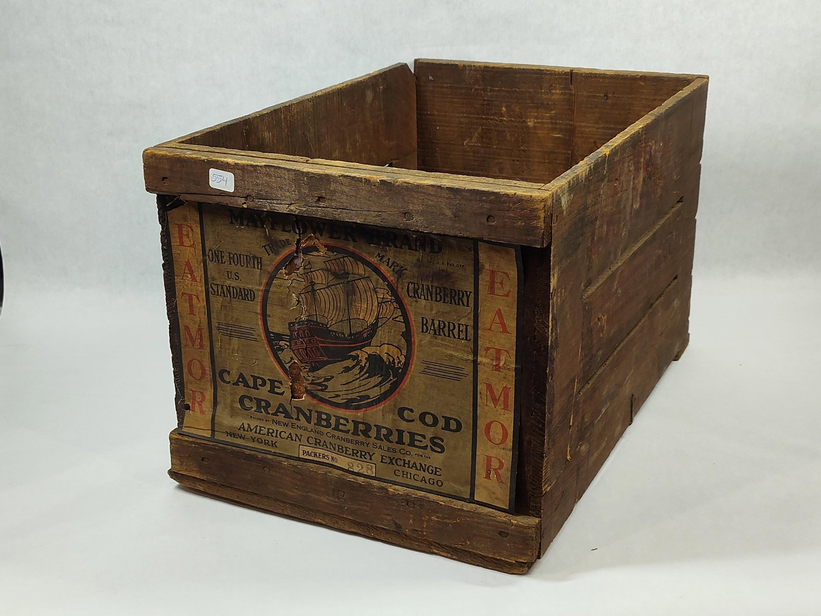 Vtg Mayflower Eatmor Cape Cod Cranberry Wood Crate: This is a vintage wooden shipping crate for the Mayflower Brand of Cape Cod Cranberries. The crate is constructed of natural wood slats held together with metal fasteners. One end features a paper