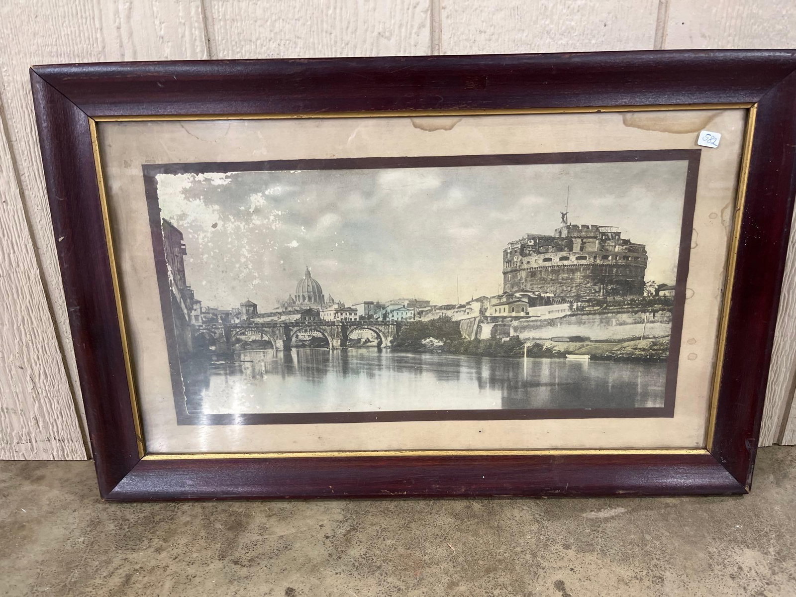 Johnson Gordon Co. Toned Monochrome Print of Rome: A large toned monochrome print featuring a panoramic view of Rome, Italy. The composition captures the Castel Sant Angelo on the right bank of the Tiber River, with the Ponte Sant Angelo bridge in