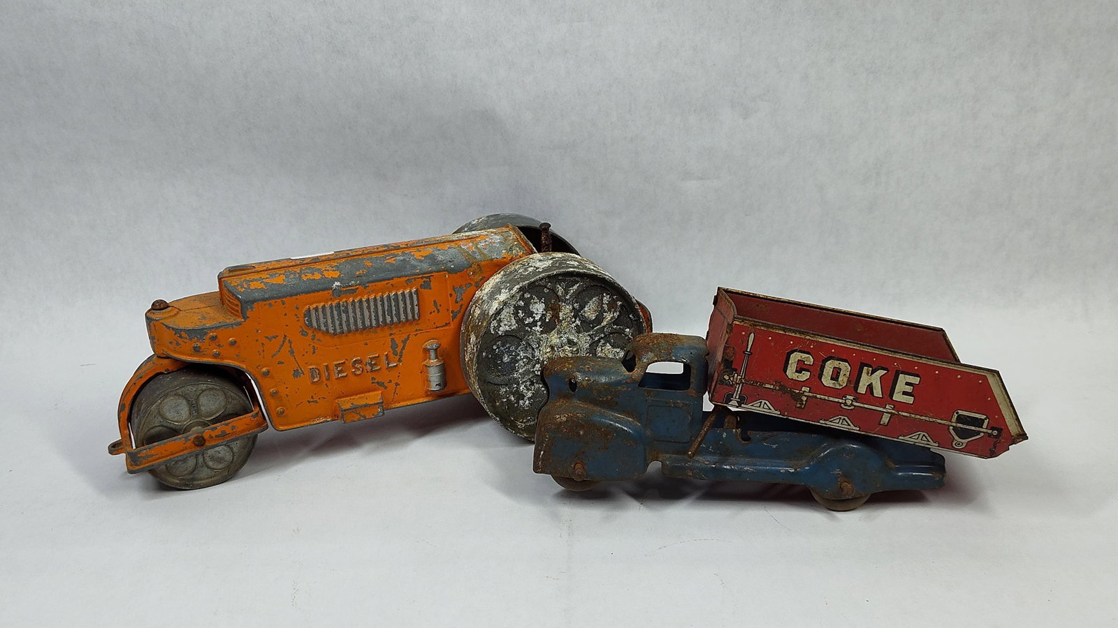 Pair Hubley Cast Metal Road Roller & Dump Truck (1 of 6)