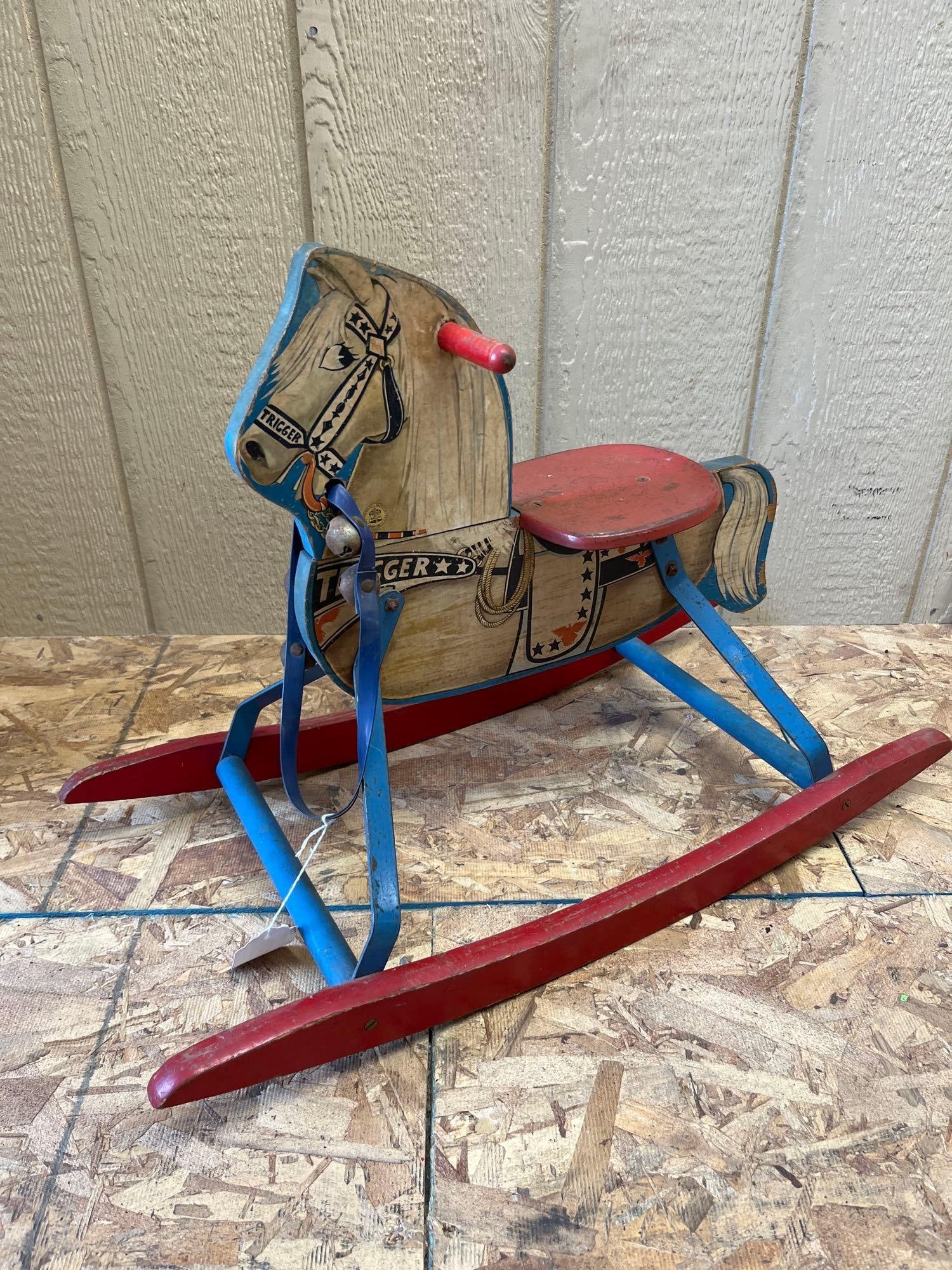 N.N. Hill Brass Roy Rogers Trigger Rocking Horse: This mid-century rocking horse was manufactured by The N.N. Hill Brass Co. of East Hampton, Connecticut, and features the likeness of Trigger, the famous horse of Western star Roy Rogers. The body is