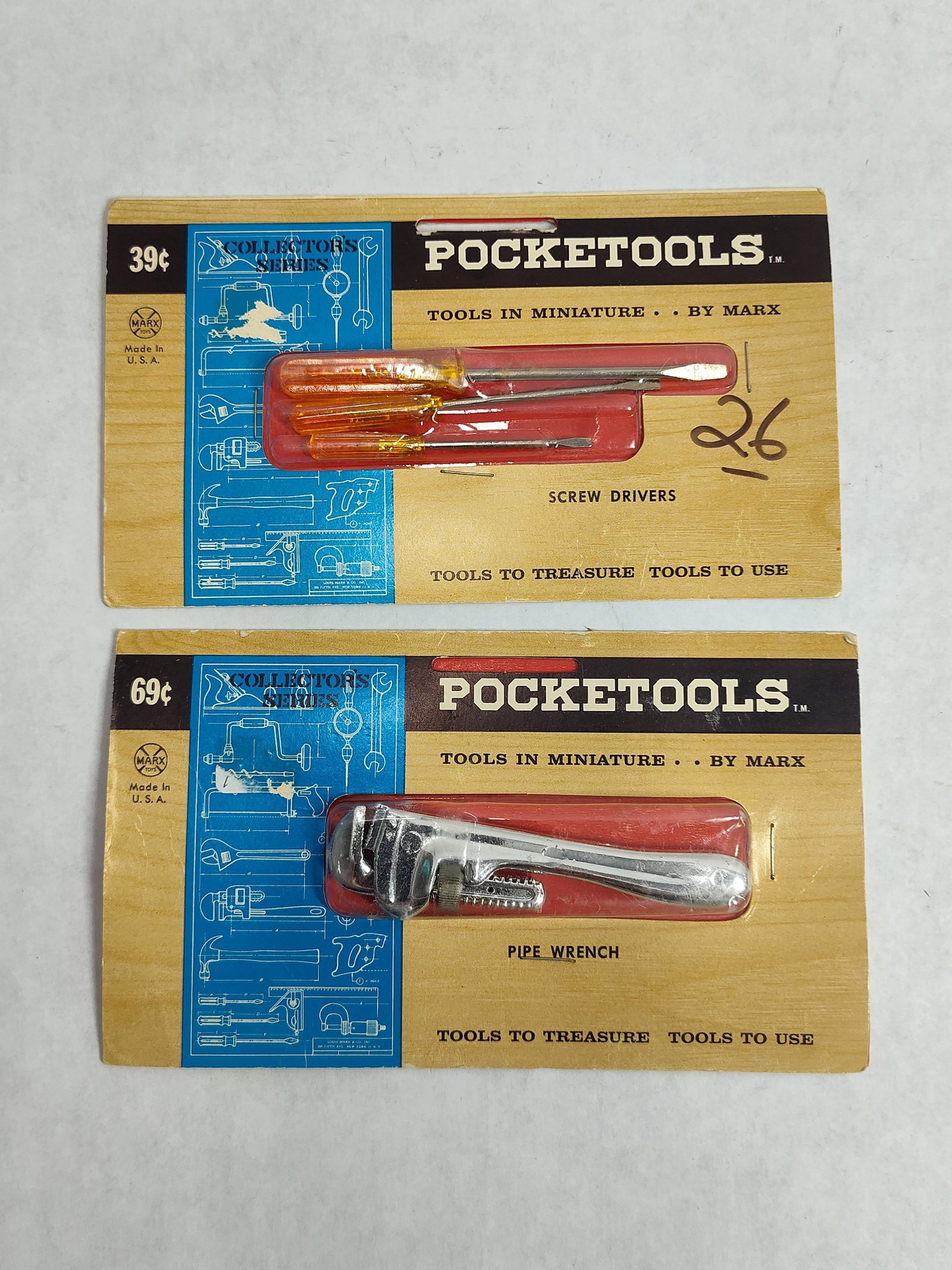 Pair Marx Toys Pocketools Tool Sets: A pair of original Louis Marx and Company Pocketools miniature tool sets from the Collectors Series, produced in the United States. The first item, catalog number 1254, is a three-piece screwdriver