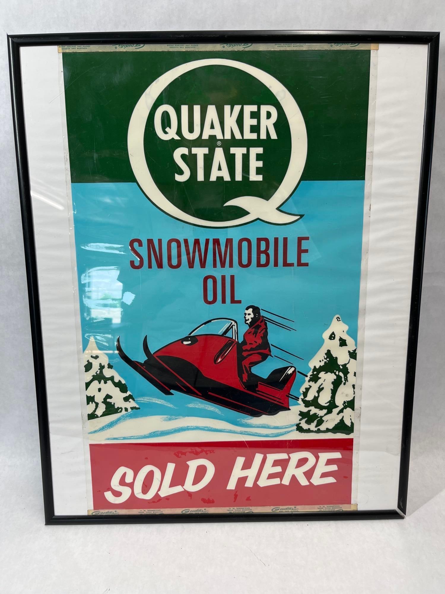 Quaker State Snowmobile Oil Goodstix Decal: This is a Quaker State advertising decal produced for snowmobile oil promotion, circa late 1960s to early 1970s. The piece is a multi-color window or surface mount decal, professionally mounted and