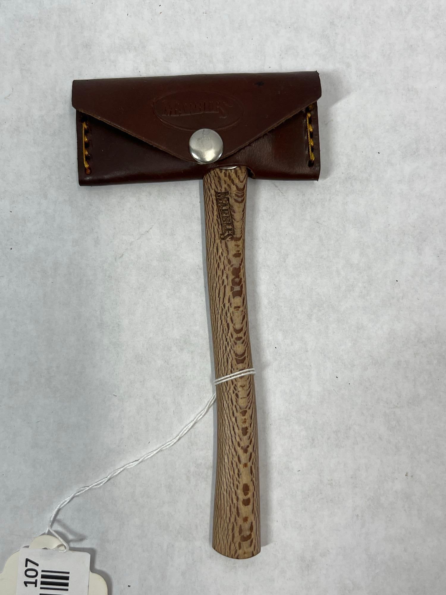 Marble's MR465 Stainless Hatchet w/ Leather Sheath: This is a Marble's brand mini stainless hatchet, identified by the manufacturer as model MR465. The tool features a polished stainless steel head with a factory edge. The poll of the head is stamped
