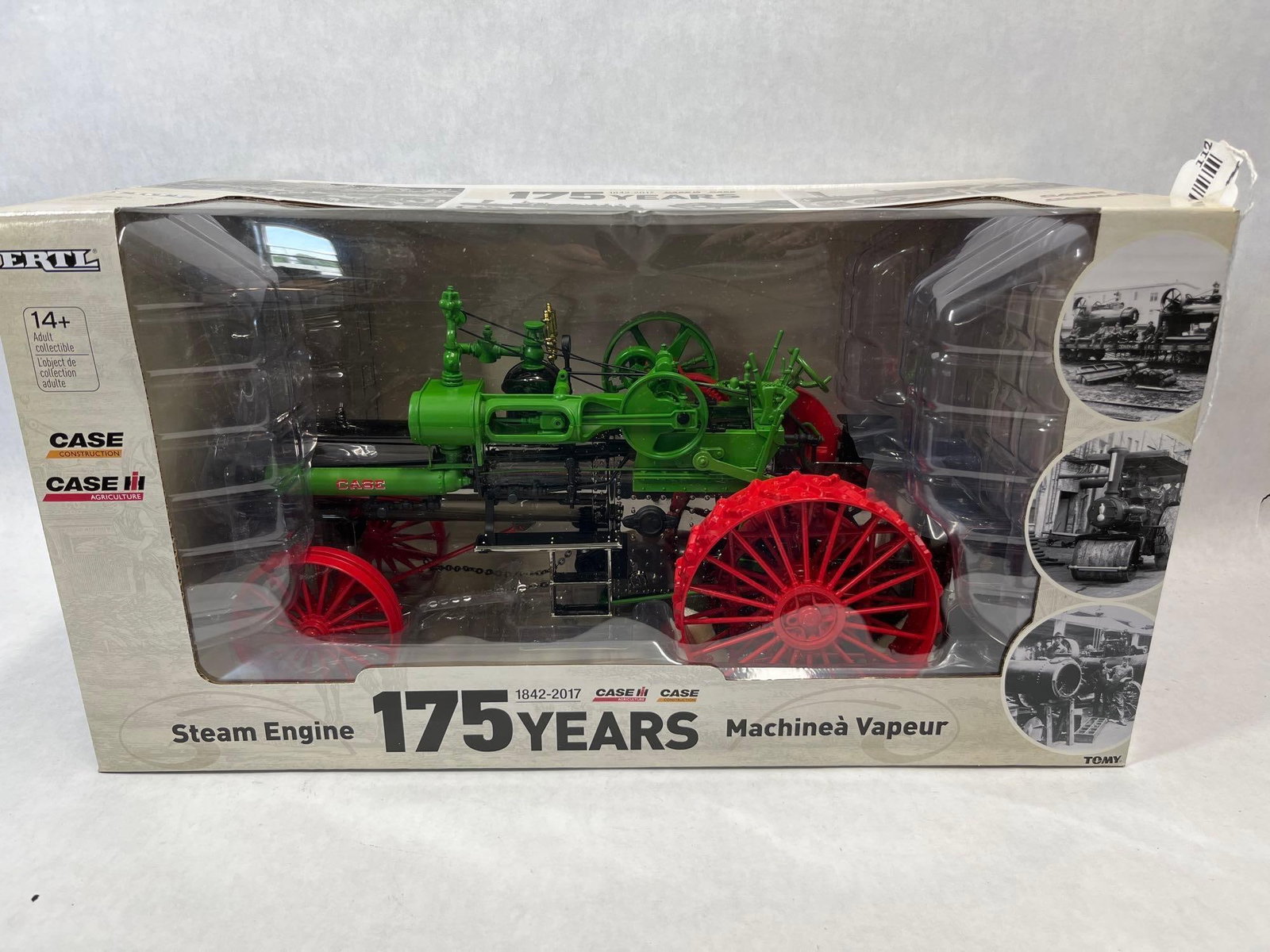 ERTL Case 65 HP Steam Engine 175th Anniversary: ERTL (TOMY) 1/16 scale die-cast metal replica of a Case steam traction engine, produced as a 175th anniversary commemorative edition (1842-2017). The model is finished in green with red spoked wheels 