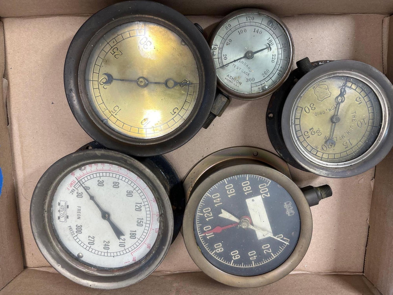 American Industrial & Steam Pressure Gauges: This assortment of industrial pressure gauges features examples from several notable American manufacturers, including Marshalltown, Ashcroft, and Ashton. The collection includes a specialized