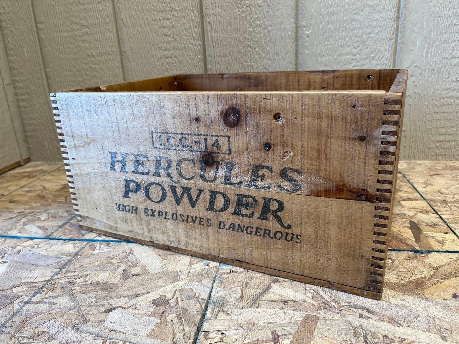 Hercules Powder Co. Wood Dynamite Shipping Crate: This is an authentic industrial wooden crate produced for the Hercules Powder Company, an American explosives manufacturer established in 1912. The crate is constructed from solid wood planks and
