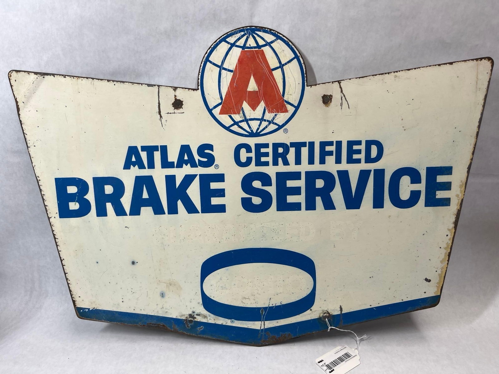 Atlas Brake Service Single-Sided Sign w/ Sohio: A single-sided painted steel advertising sign for Atlas Certified Brake Service, featuring cross-branding for Sohio (Standard Oil of Ohio). The sign is cut in a shield-like silhouette with a central