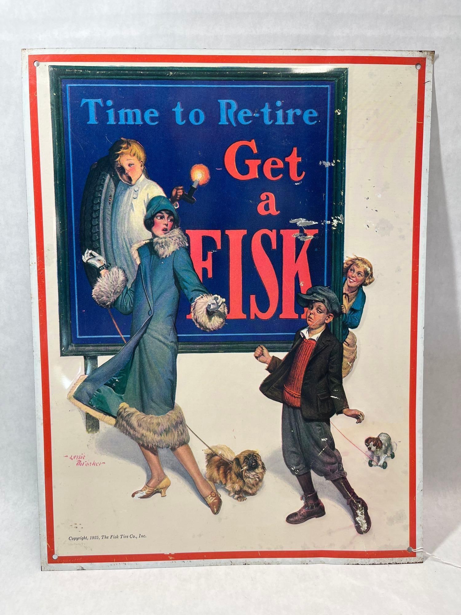 1925 Leslie Thrasher Fisk Tire Co Tin Litho Sign: This original embossed tin lithograph advertising sign was produced for The Fisk Tire Co., Inc. in 1925, featuring artwork by illustrator Leslie Thrasher. The central image consists of a large blue