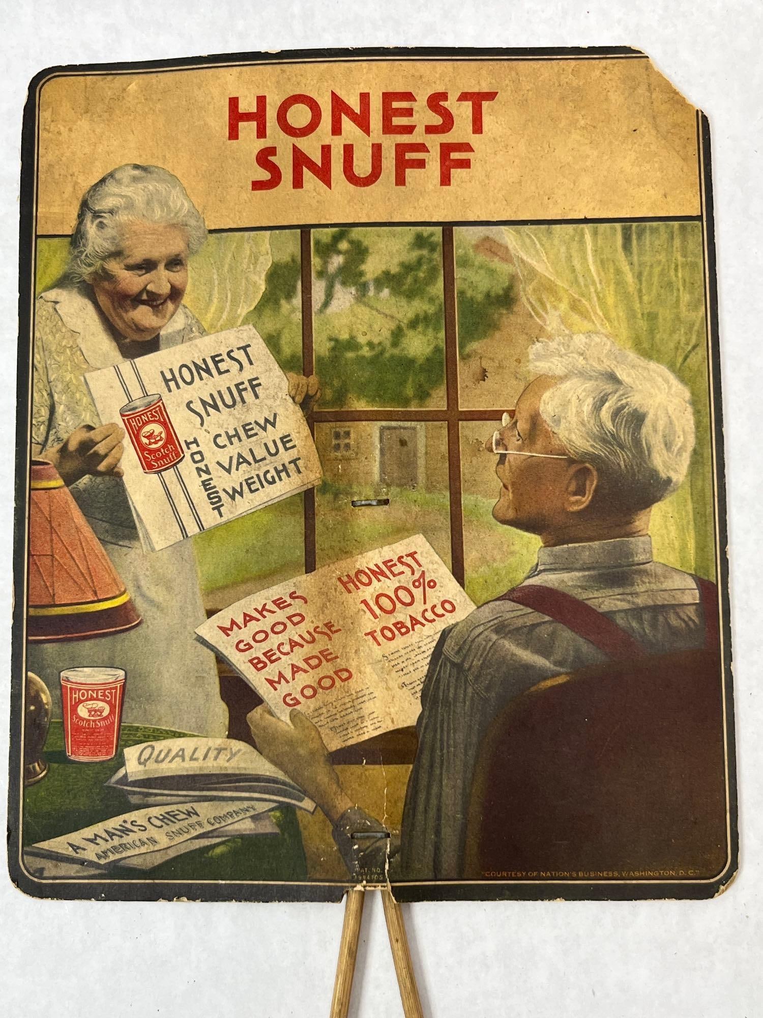 Honest Snuff Advertising Fan w/ 1935-36 Calendar: This handheld advertising fan was produced for Honest Snuff, a brand of the American Snuff Company. The piece is constructed from lithographed cardstock with a split bamboo loop handle secured by