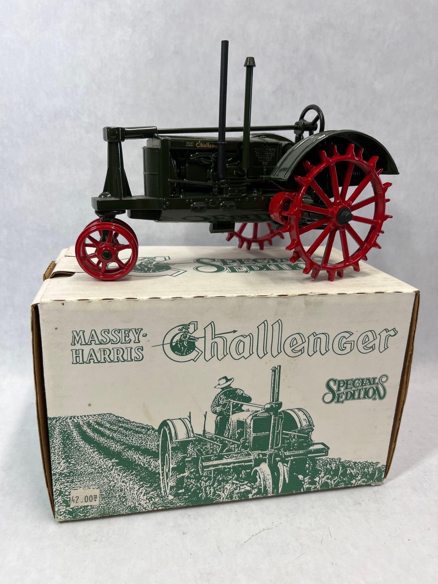 Massey-Harris Challenger 1991 Toy Tractor w/ Box: This is a 1/16 scale die-cast metal toy tractor modeled after the Massey-Harris Challenger. It was manufactured by Scale Models in Dyersville, Iowa, as a Special Edition / Collector Edition in 1991.