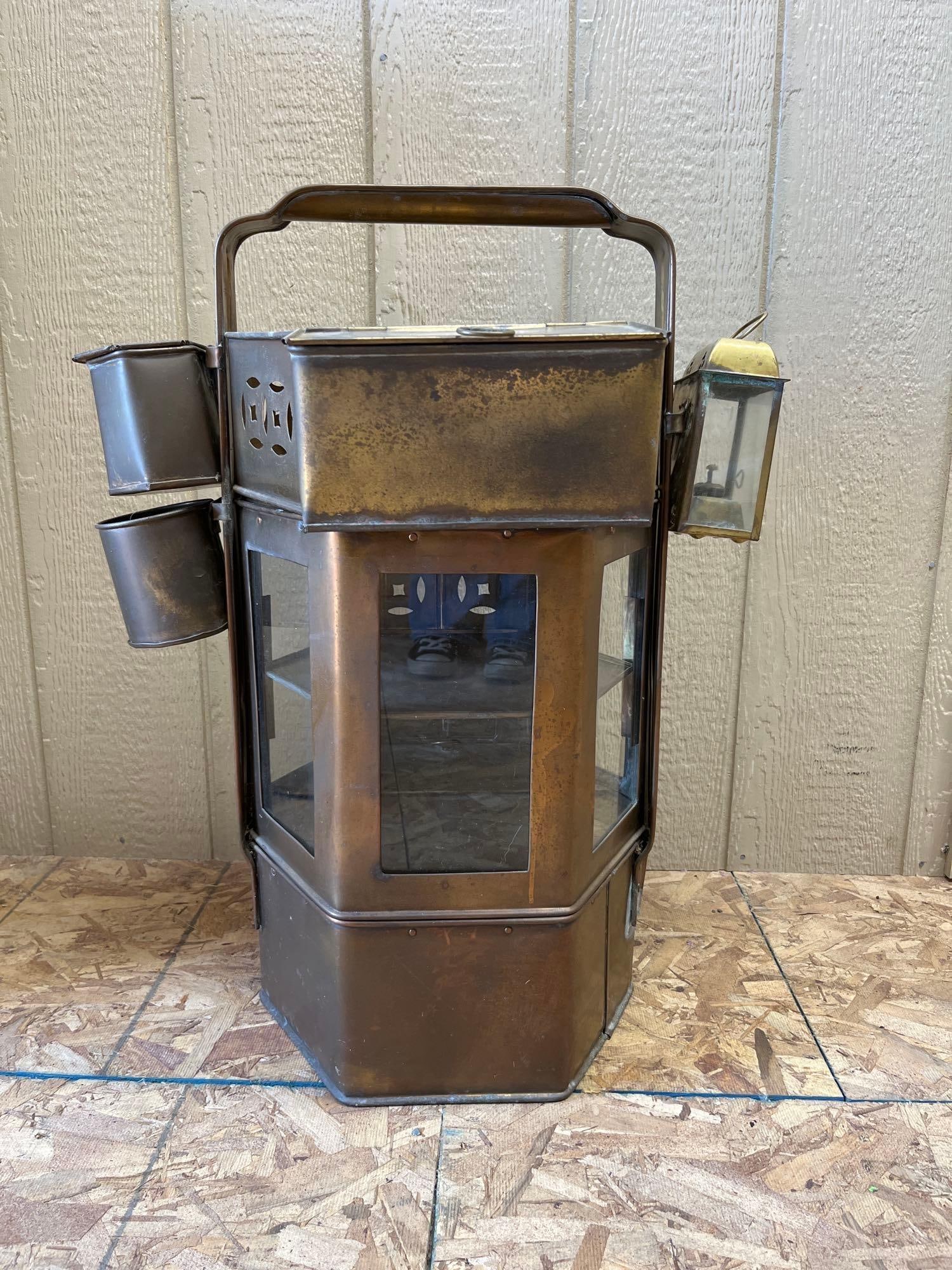 Chinese Copper & Brass Vendor Noodle Carrier: This object is a portable multi-compartment carrier, identified by market consensus as a Chinese street vendor noodle cart or box, likely dating to the early 20th century. The piece is