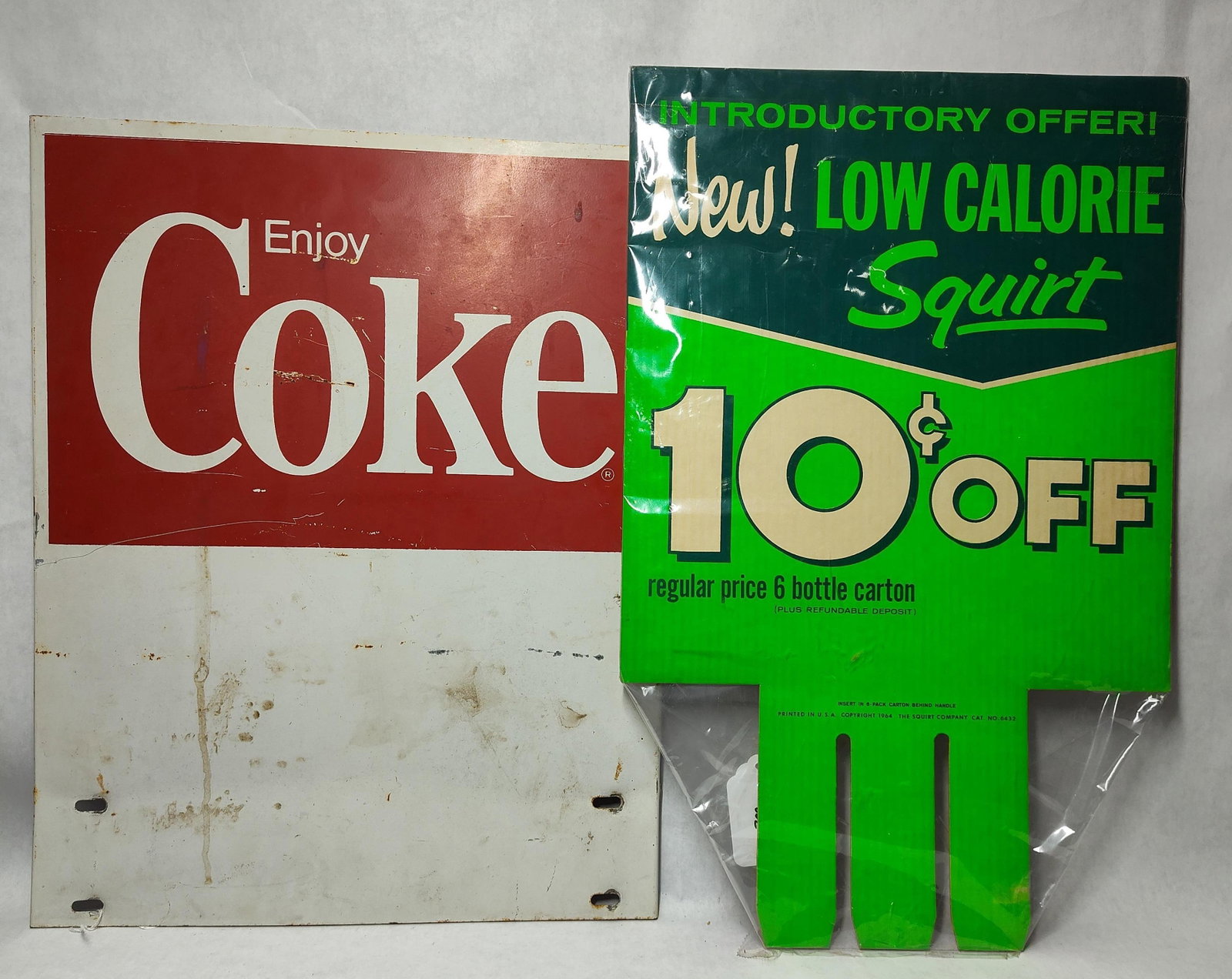 Coca-Cola Metal Sign & 1964 Squirt Bottle Topper (1 of 5)