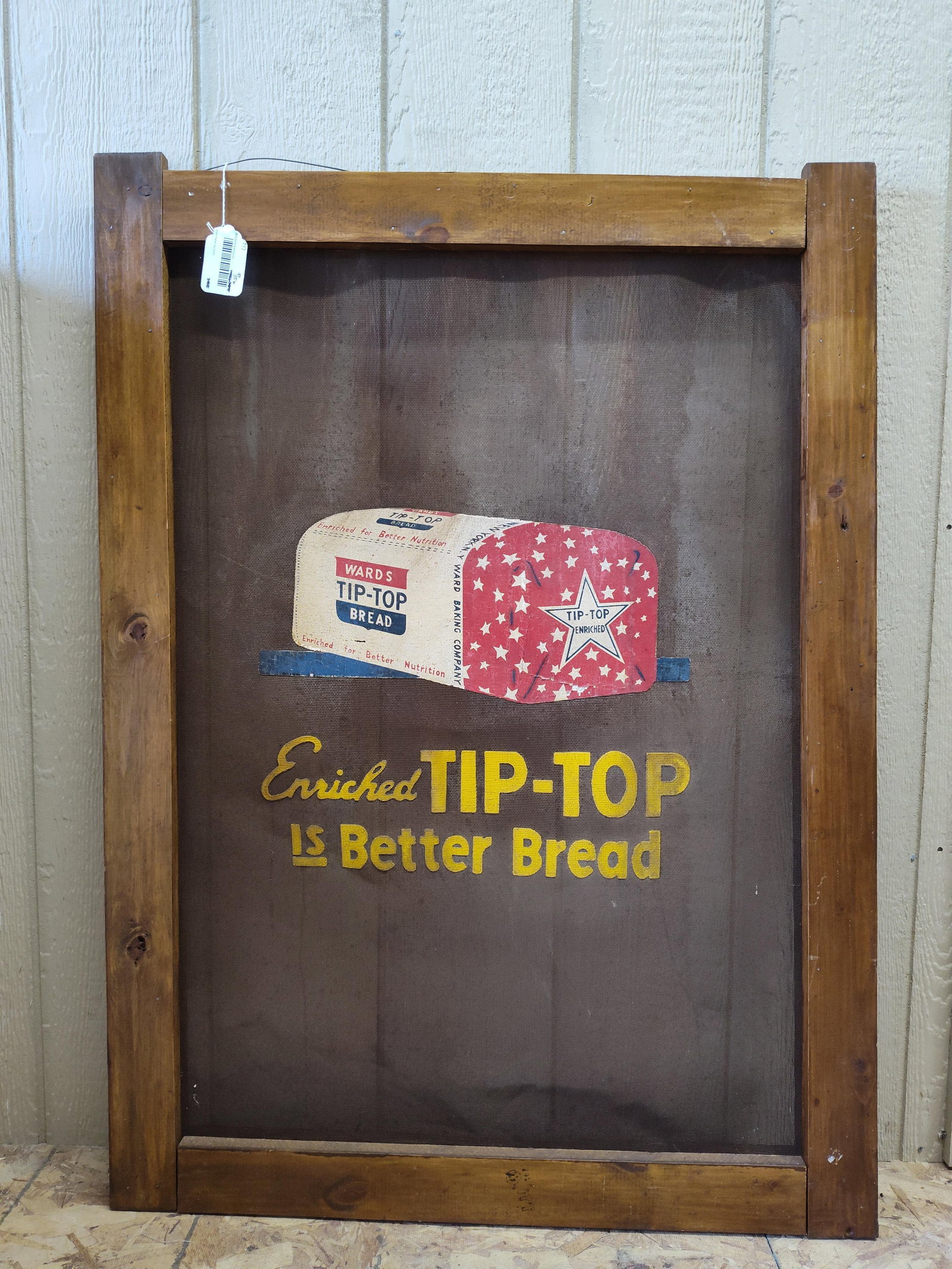 Ward's Tip-Top Bread Double Sided Mesh Door Sign: This is a mid-20th century double sided screen door advertising pusher sign for Ward s Tip-Top Bread, manufactured by the Ward Baking Company. The sign is composed of painted wire mesh and is presente