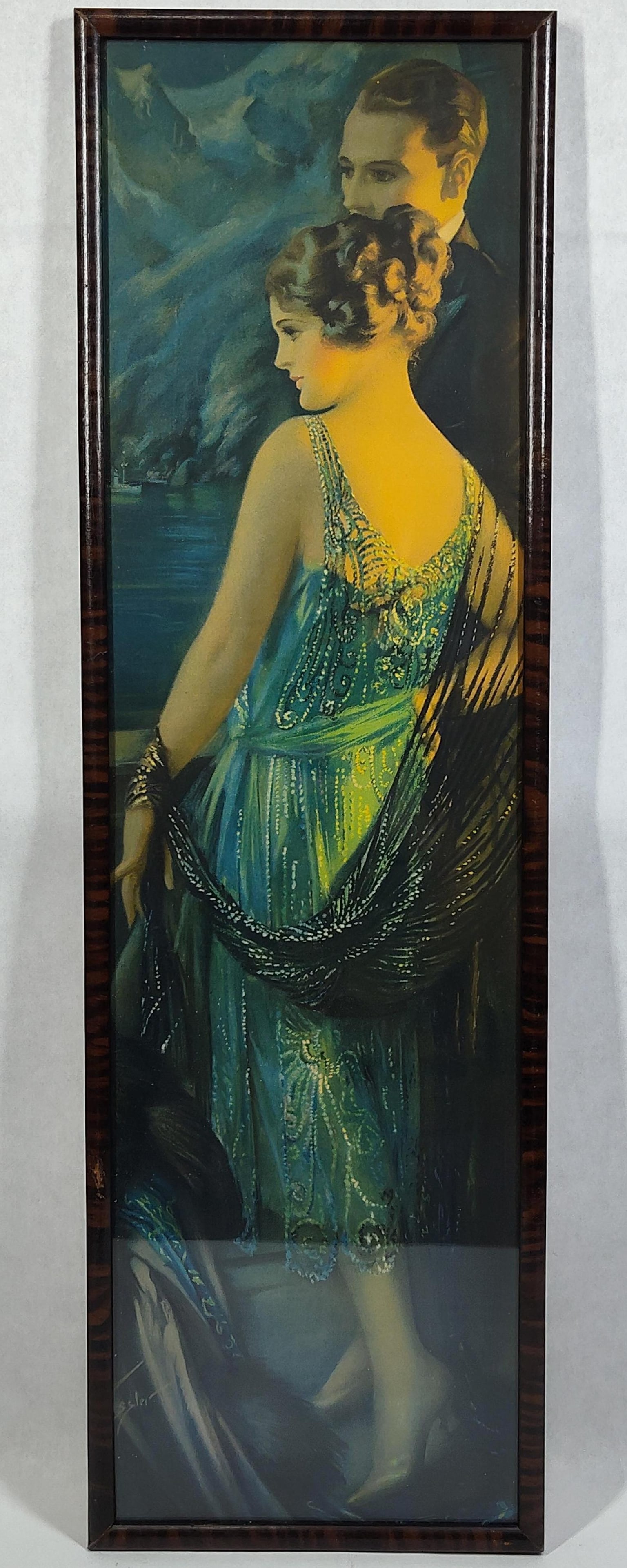 Gene Pressler, 1924 Pompeian Honeymooning Panel: 7.25x 25. This framed color lithograph is identified as Honeymooning in the Alps by Gene Pressler, originally produced as a 1924 Pompeian Beauty advertising panel. The scene features a couple in