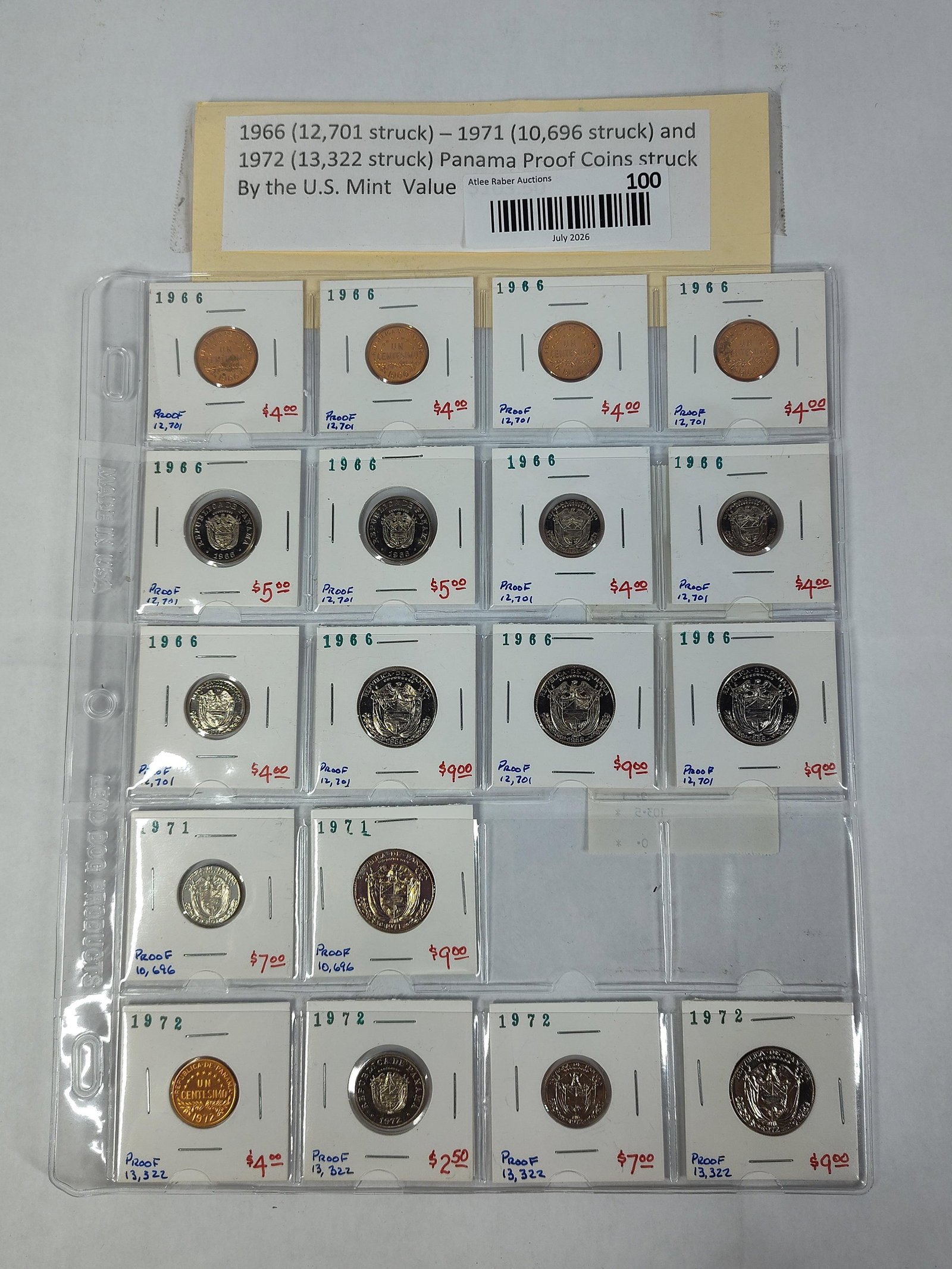 US Mint Panama Proof Coins, 1966-1972: This collection consists of proof coins from Panama, struck by the US Mint in 1966, 1971, and 1972. The coins are individually housed in cardboard and plastic 2x2 flips, several of which include
