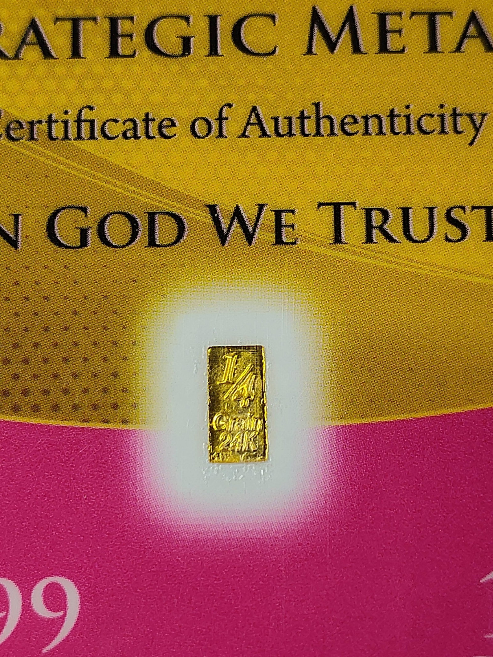 Benchmark Strategic Metals .999 Gold 1/4gr Bars: This collection consists of miniature rectangular gold bullion bars produced by the private refiner Benchmark Strategic Metals. Each individual bar is stamped with 1/4 Grain 24K and is composed of