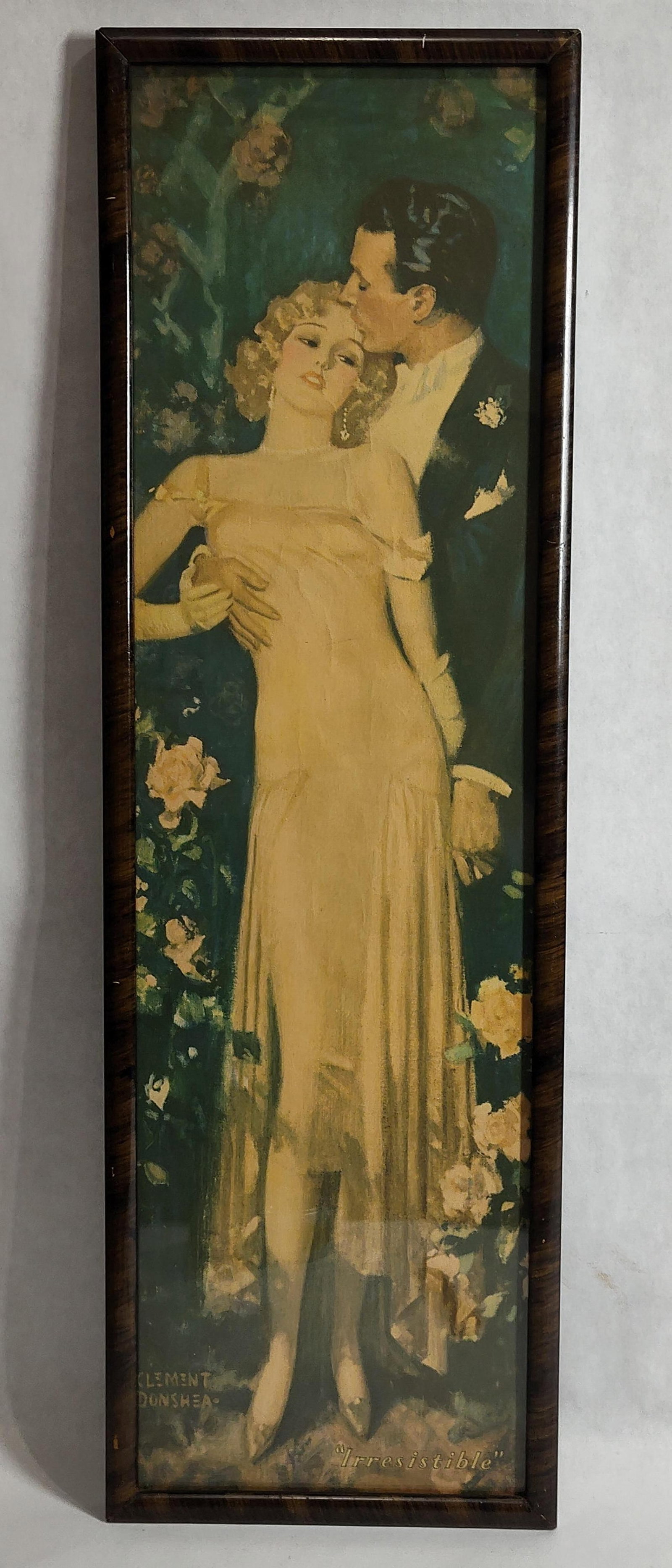 Clement Donshea, Irresistible, Color Lithograph: 8 x 25.5. A color lithographic print after the work of Clement Donshea, titled Irresistible. This narrow, vertical composition depicts a romantic scene of a couple in formal evening attire set within