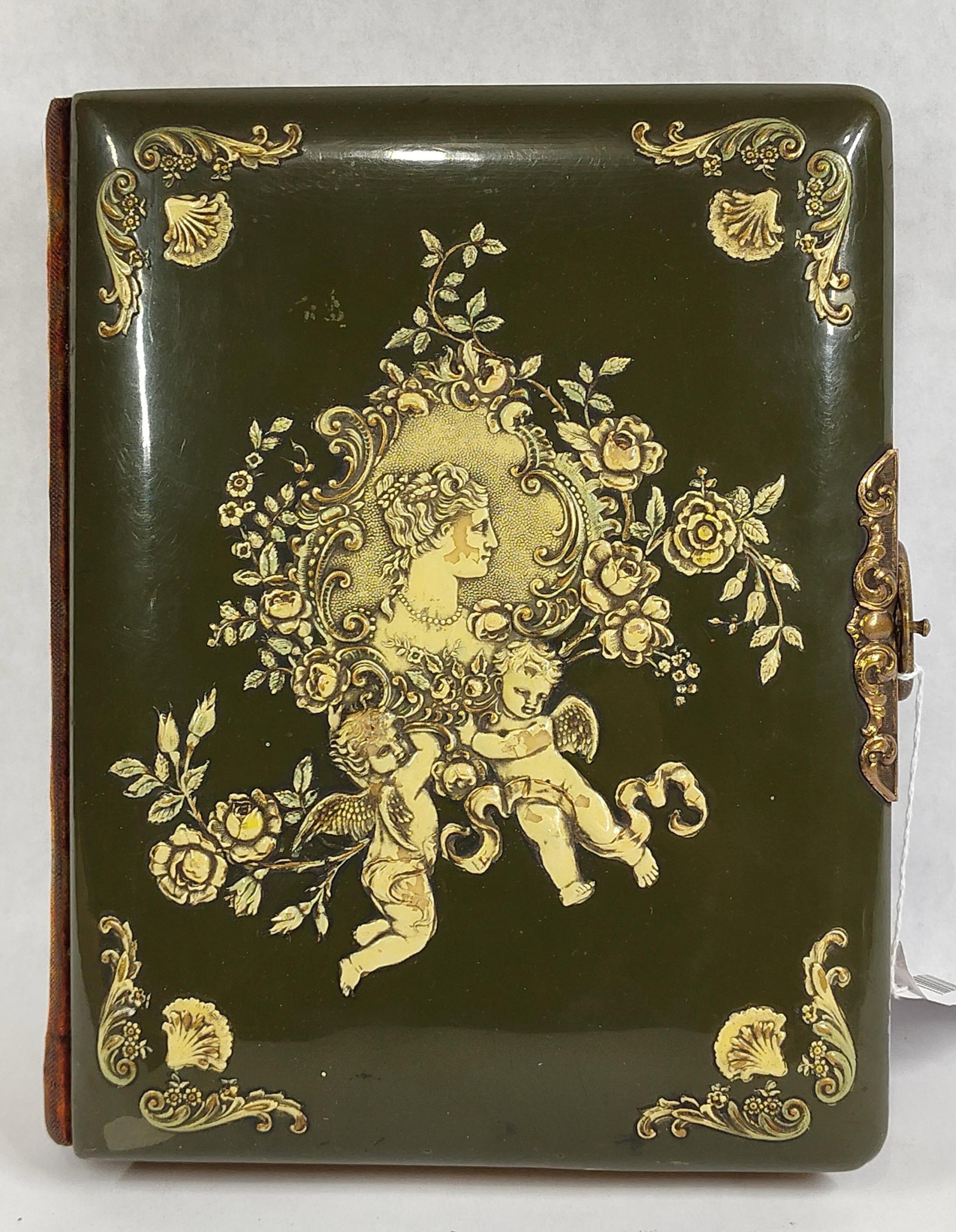 Celluloid & Brass Photograph Album c.1890-1905: Late Victorian era photograph album featuring a dark green celluloid front cover with an embossed cream-colored vignette. The central motif depicts a classical female profile within a rococo-style