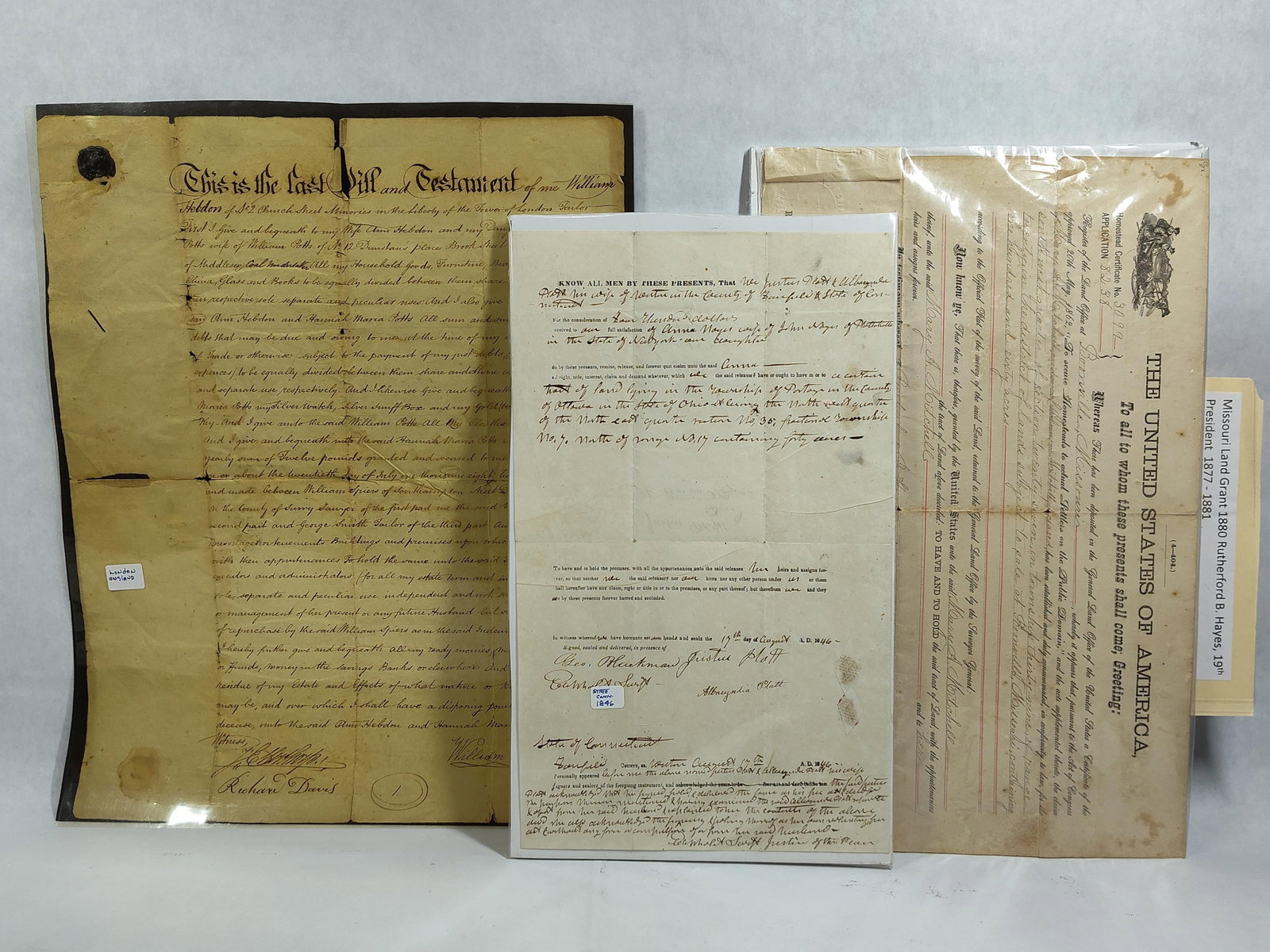 3 19th C. MSS: Will, Deed & Missouri Land Grant: A collection of three original 19th-century legal and land-related documents including a manuscript will, a quitclaim deed, and a federal land grant. The first document is a handwritten Last Will and