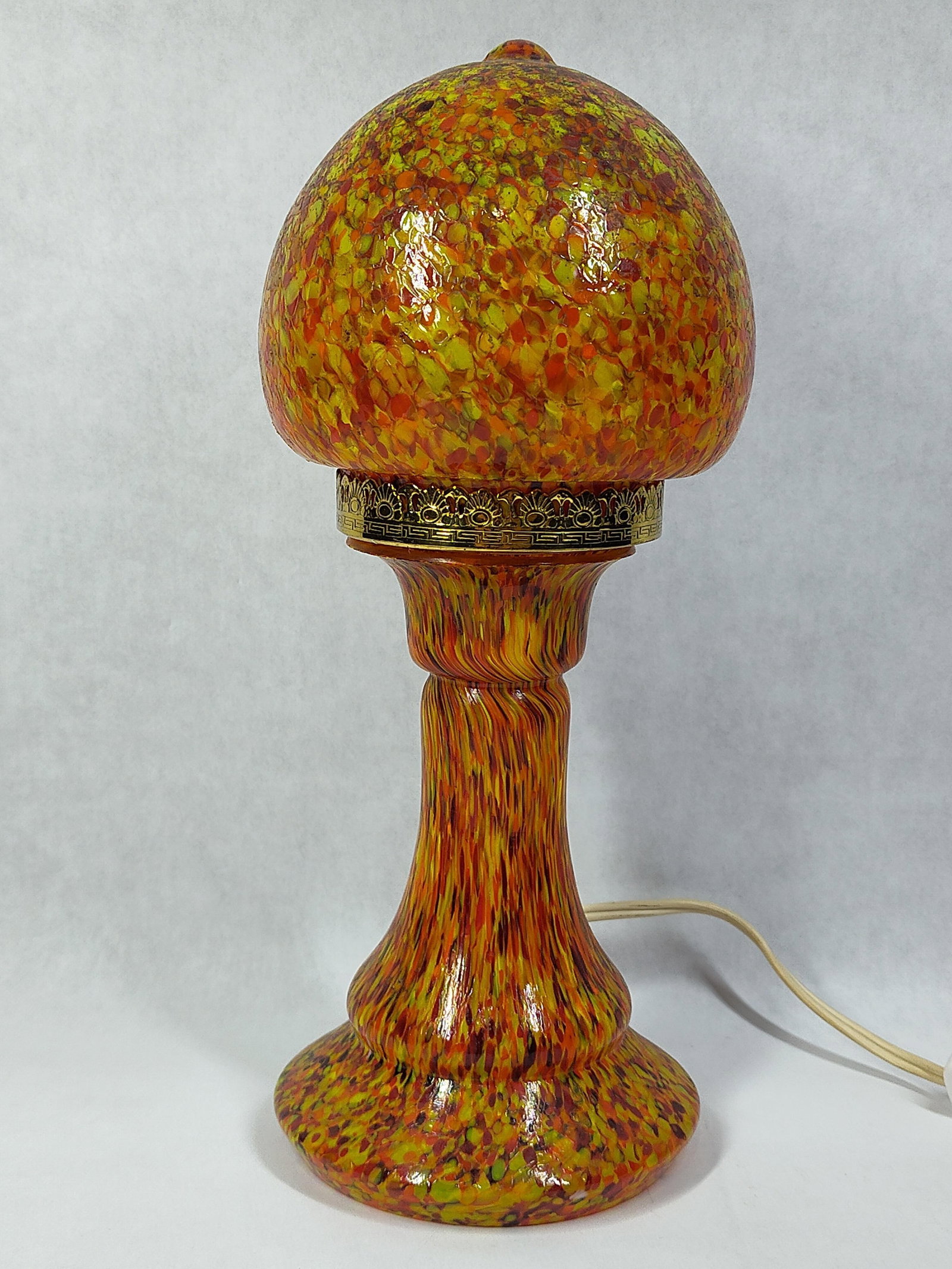 Peill & Putzler Style Spatter Glass Mushroom Lamp: A mushroom-style table lamp in the style of Peill and Putzler, shade does have a hairline crack througth center but hold together tightly. This is barely seen, crafted from spatter glass featuring a