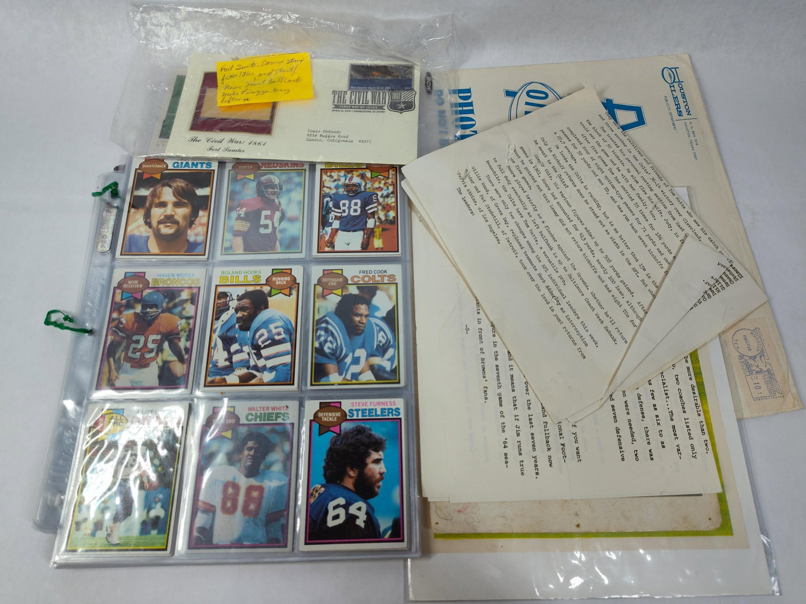 Football Trading Cards & NFL Memorabilia: A diverse collection of American football memorabilia including trading cards, an inscribed photograph, and period publications. The trading card portion consists of several plastic binder sheets prim