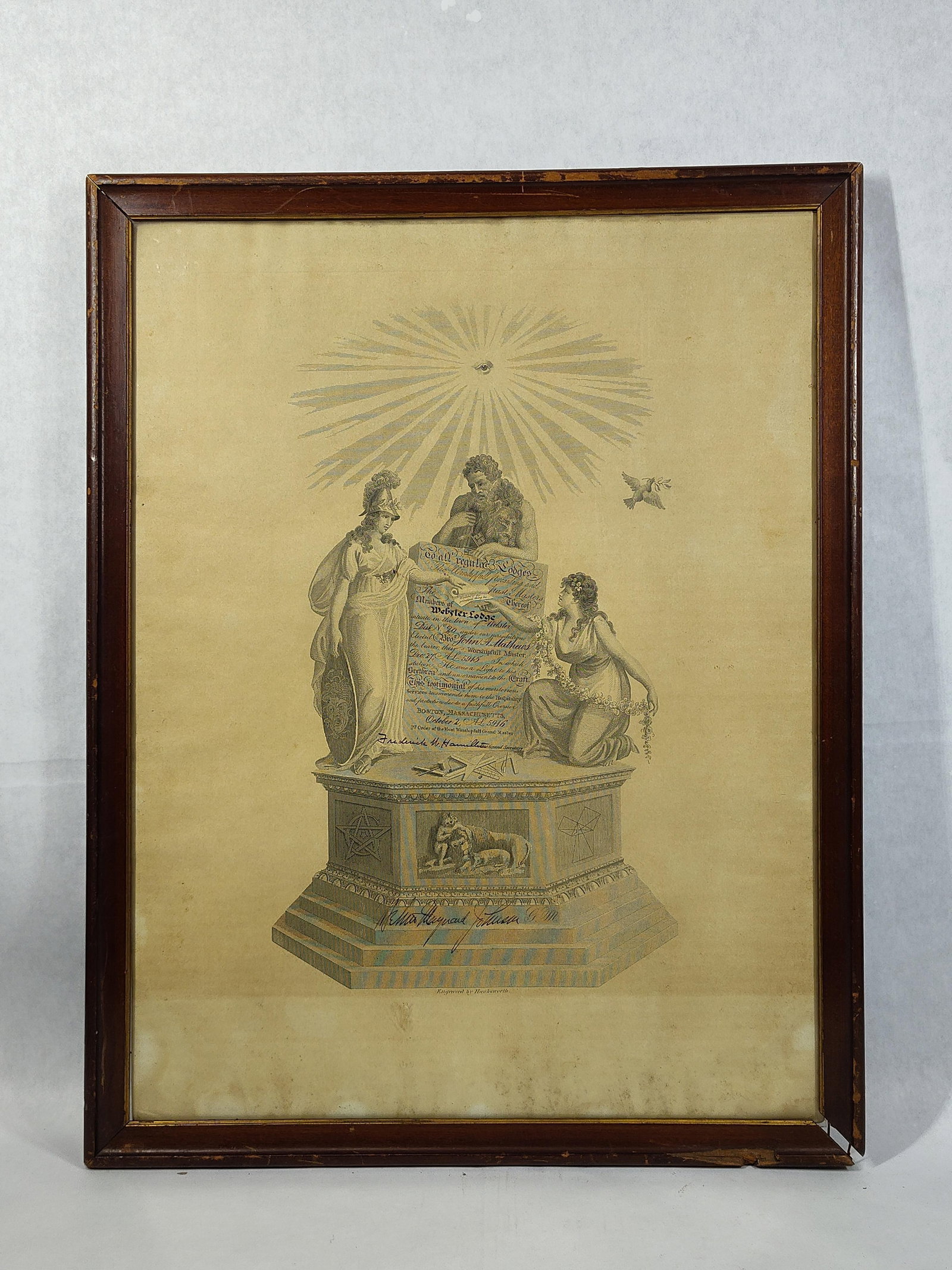 Hawksworth, Masonic Testimonial Engraving, 1916: 18 x 23.This large-format intaglio engraving is a Masonic testimonial issued by Webster Lodge in Boston, Massachusetts, dated October 2, 1916 (noted as AL 5916). The central panel honors Brother John 