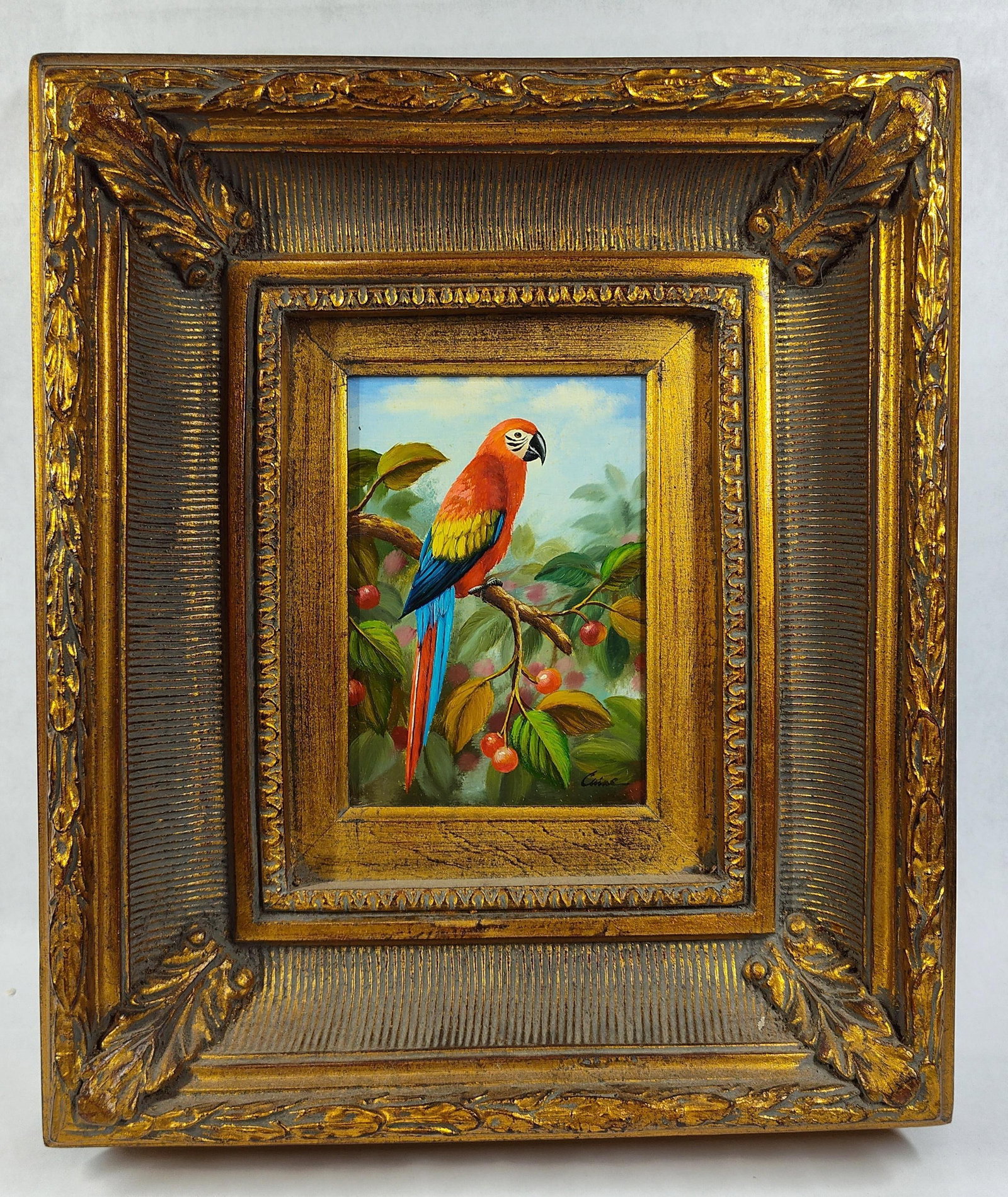 Cuine, Scarlet Macaw, Oil on Panel: 13.5 x 15.25. This decorative oil on panel painting depicts a Scarlet Macaw perched on a branch laden with cherries. The work is rendered in a naturalistic style, featuring textured brushwork in the