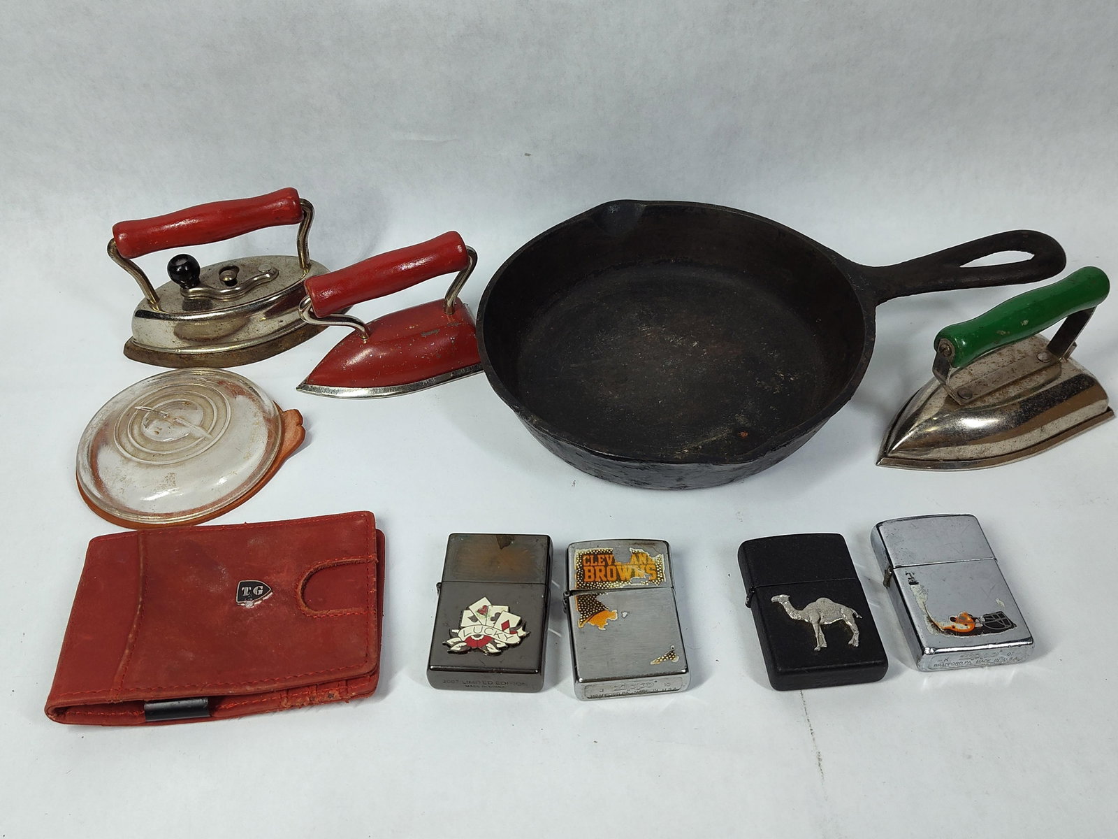 Toy Sad Irons, Cast Iron Skillet & Lighters (1 of 5)