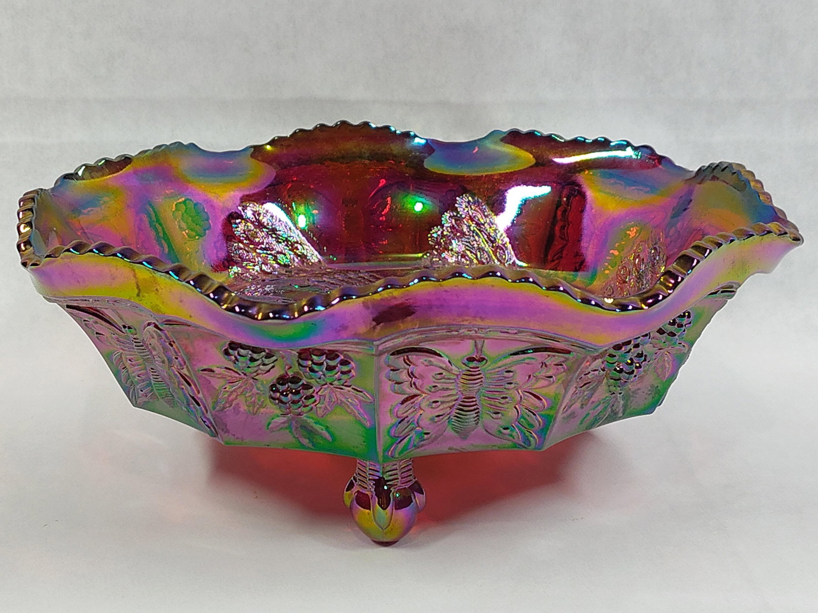 Red Carnival Glass Butterfly & Berry Footed Bowl (1 of 4)