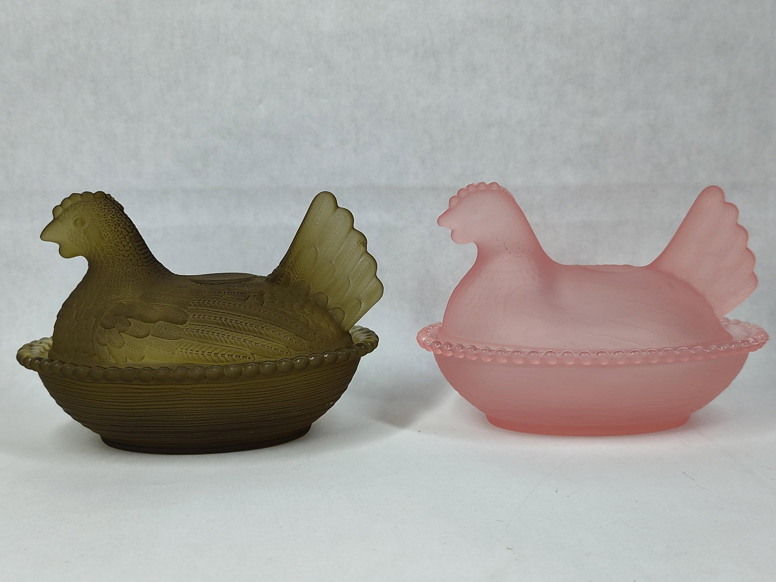 Pair Satin Finish Pressed Glass Hen on Nest Dishes (1 of 4)