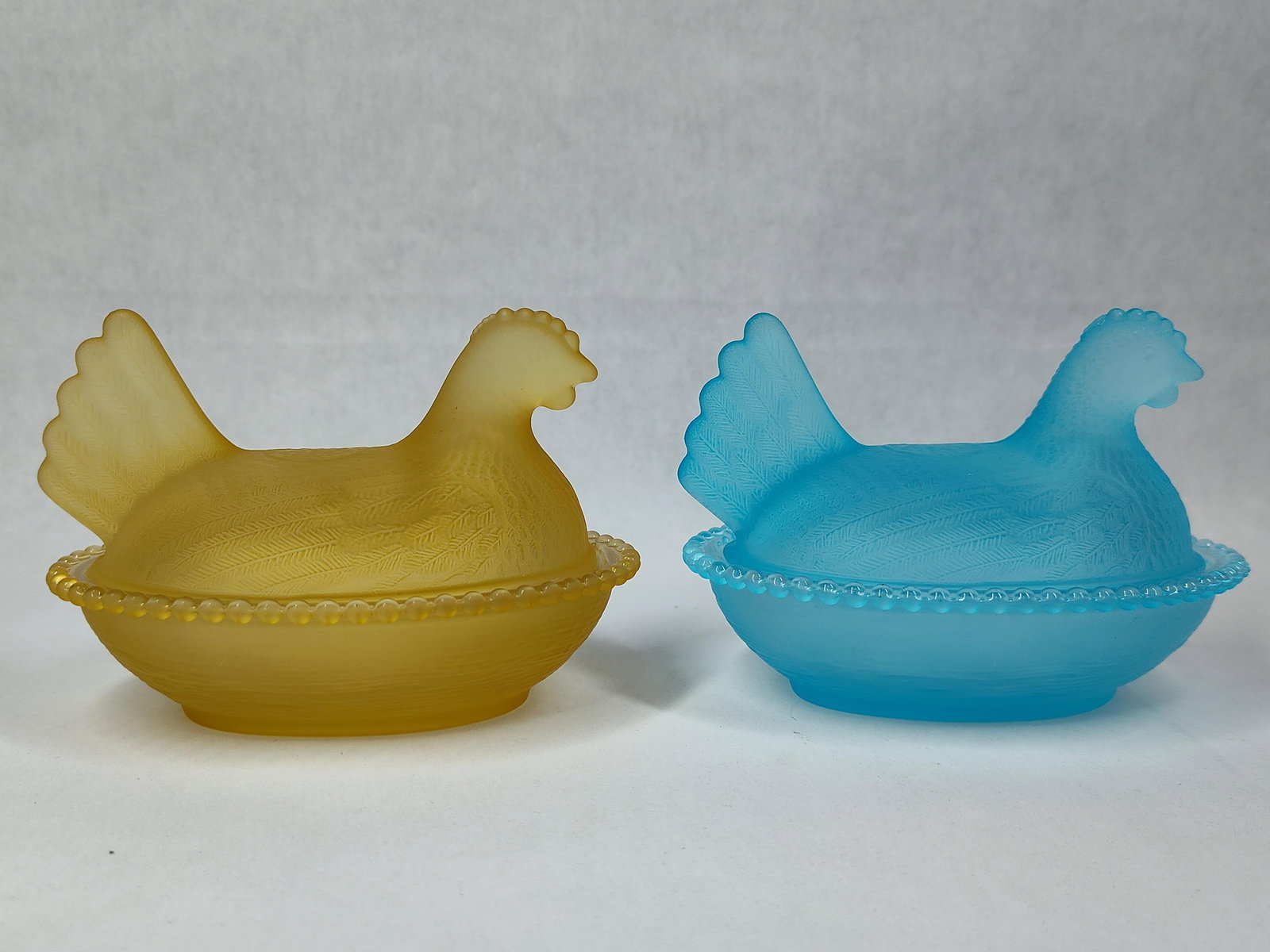 Pair Frosted Satin Glass Hen on Nest Dishes (1 of 5)