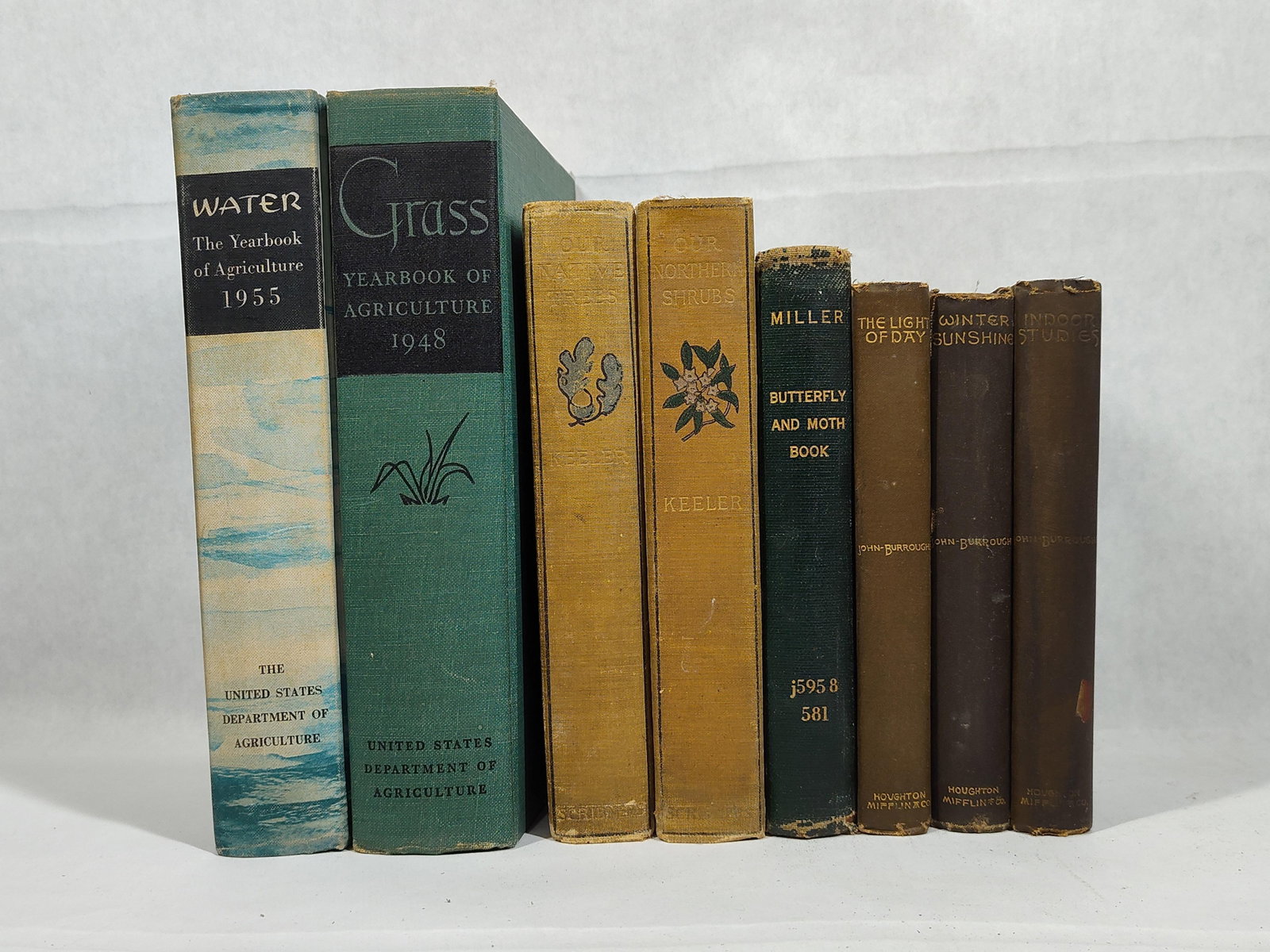 History, Botany, and Agriculture Books: This collection includes multiple hardcover volumes focused on natural history, botany, and agricultural science. Two Yearbooks of Agriculture from the United States Department of Agriculture are