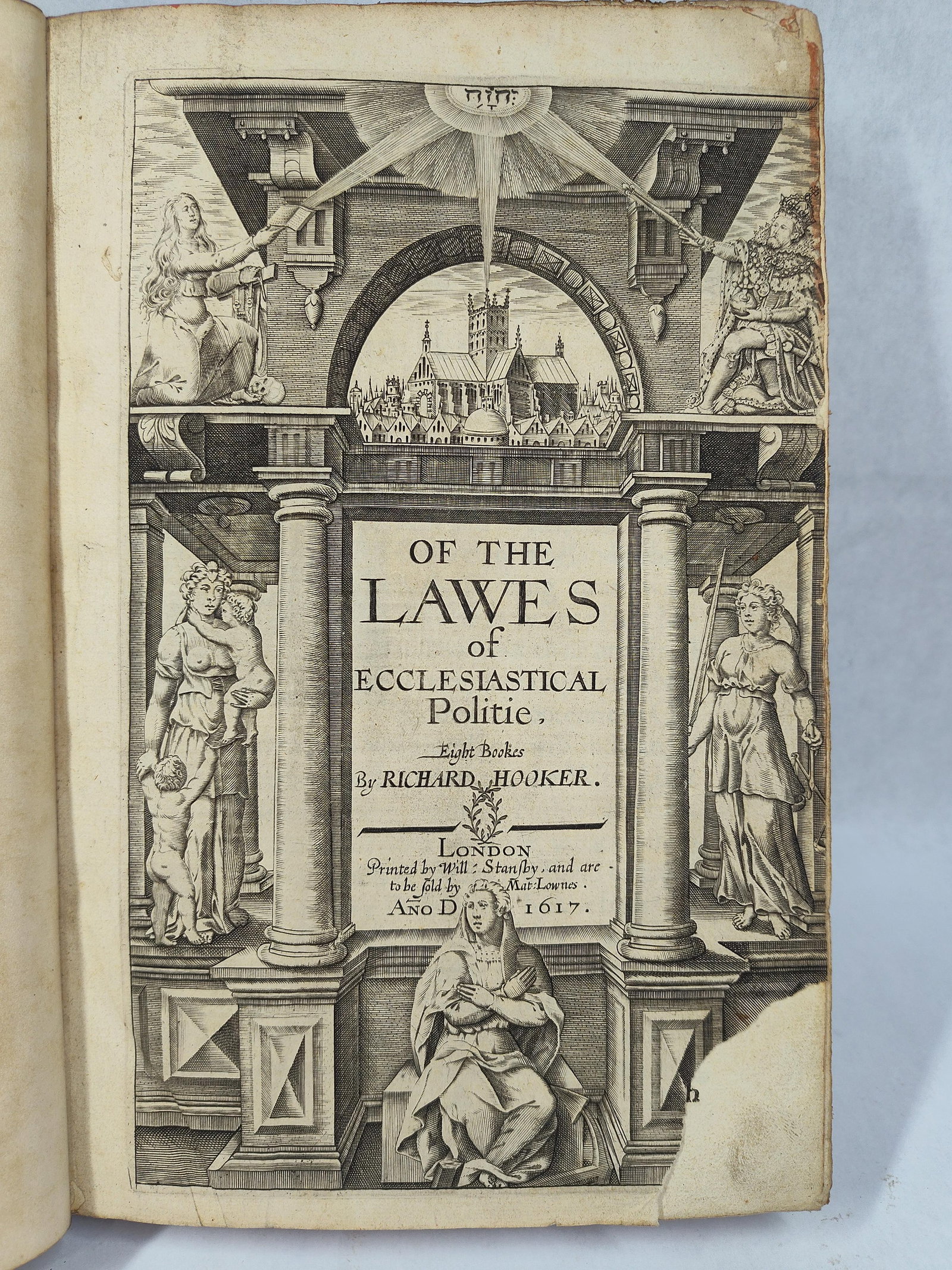 Hooker, Lawes of Ecclesiastical Politie, 1617: This early folio edition of Richard Hooker's influential work on Anglican theology was printed in London by William Stansby and sold by Matthew Lownes in 1617. The volume features an elaborate