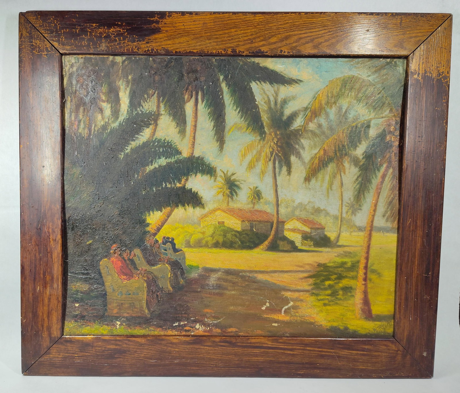 Himenez (20th C.), Tropical Landscape w/ Figures: 25.5 x 29.5. This oil on canvas board painting depicts a tropical landscape featuring figures resting in the shade of large palm trees. The composition focuses on a group of individuals seated in