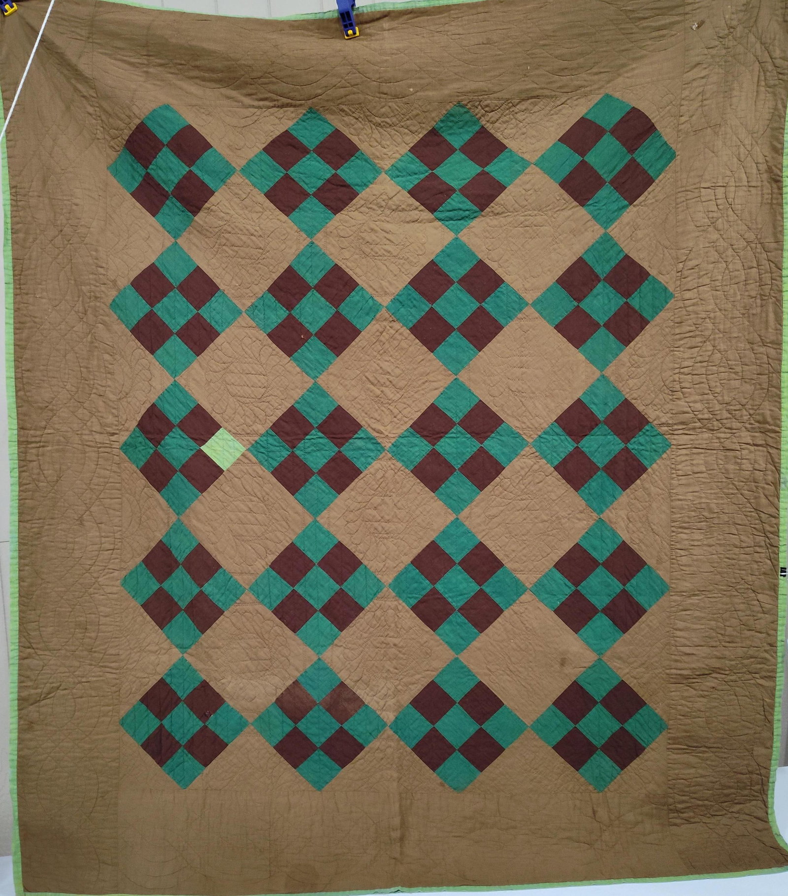 Amish Style Nine Patch Hand-Quilted Cotton Quilt (1 of 5)
