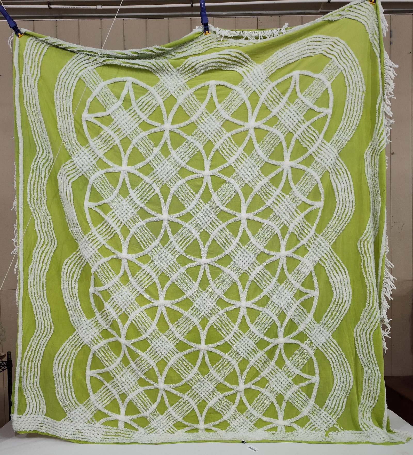 Mid-C. Chartreuse Geometric Chenille Bedspread - 2