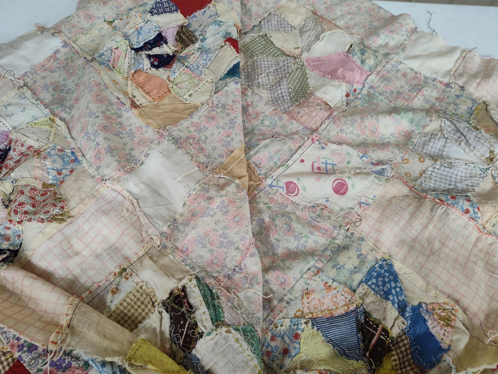 Patchwork Quilt Top w/ Feed Sack Era Textiles - 5
