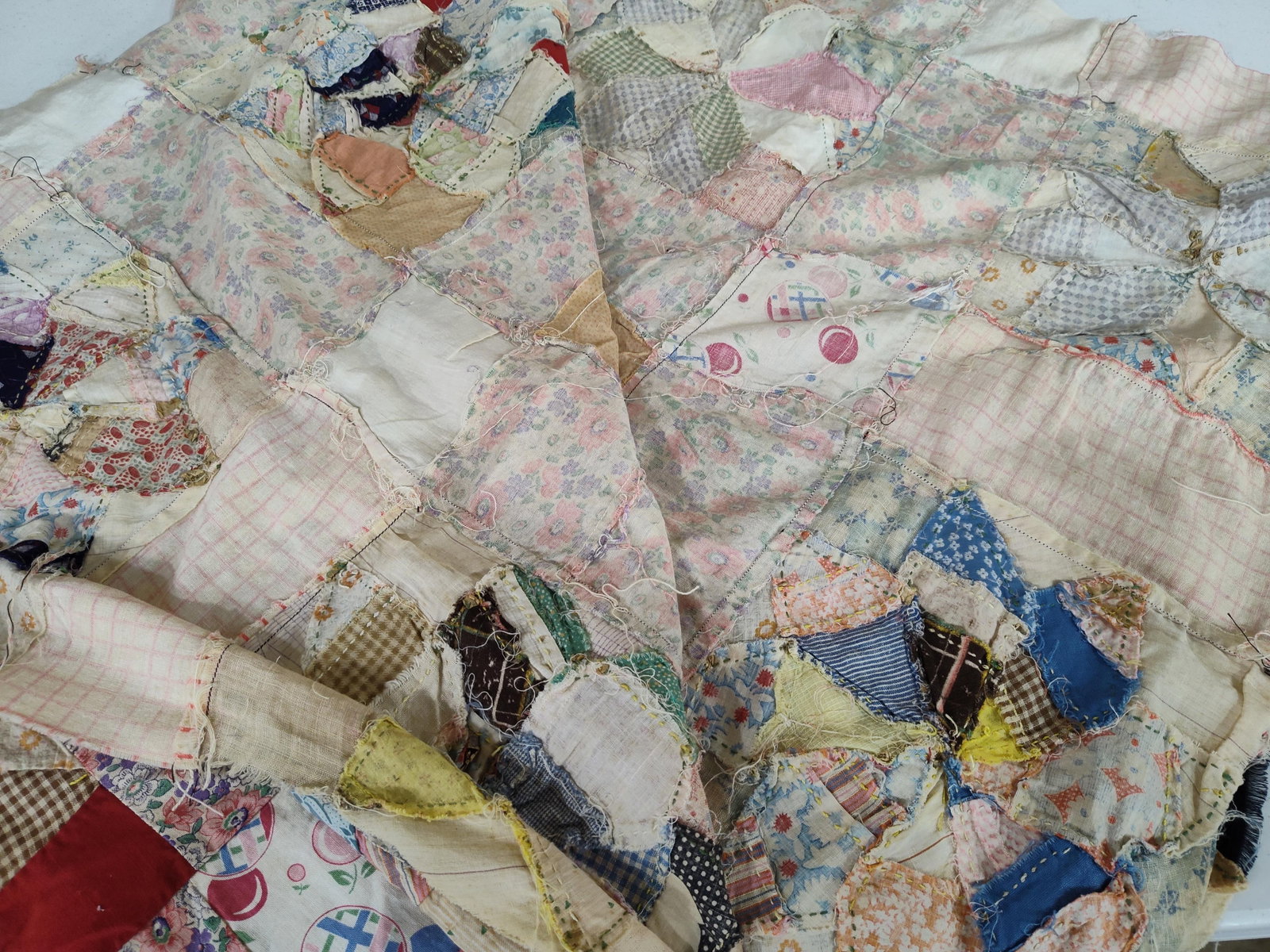 Patchwork Quilt Top w/ Feed Sack Era Textiles - 6