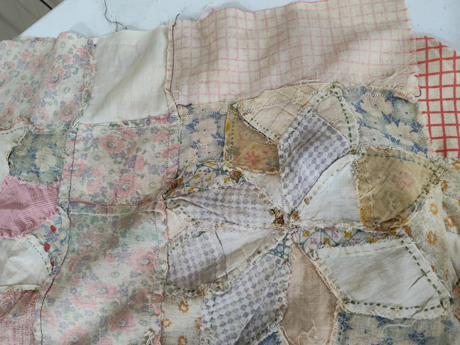 Patchwork Quilt Top w/ Feed Sack Era Textiles - 7