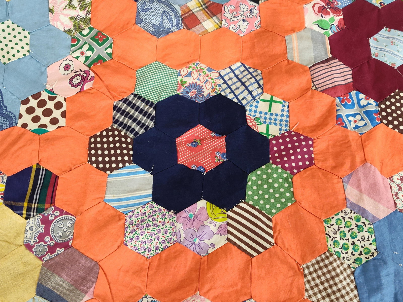Hand-Pieced Grandmothers Flower Garden Quilt Top (1 of 3)