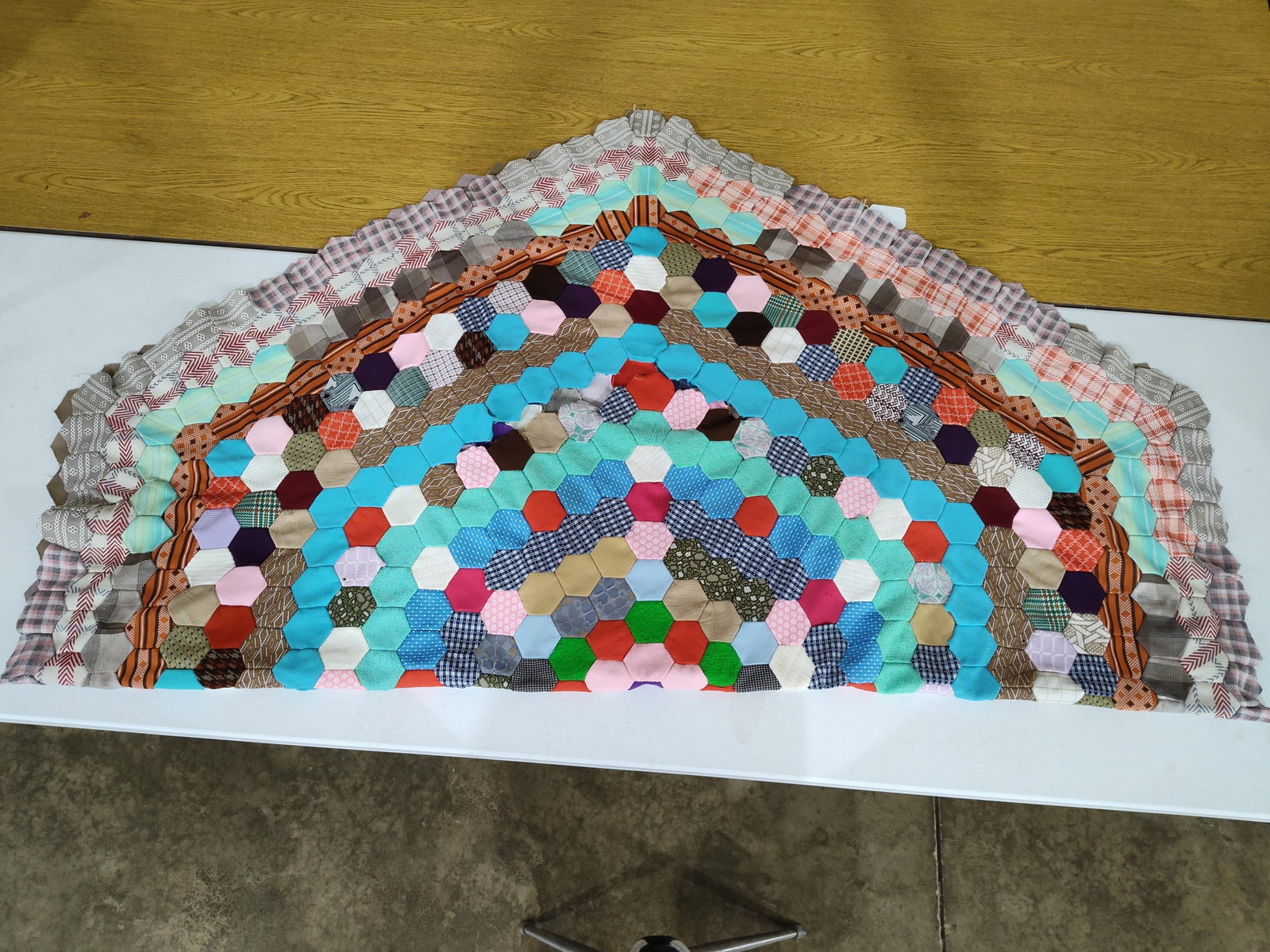 Hand-Pieced Hexagon Patchwork Quilt Top - 4