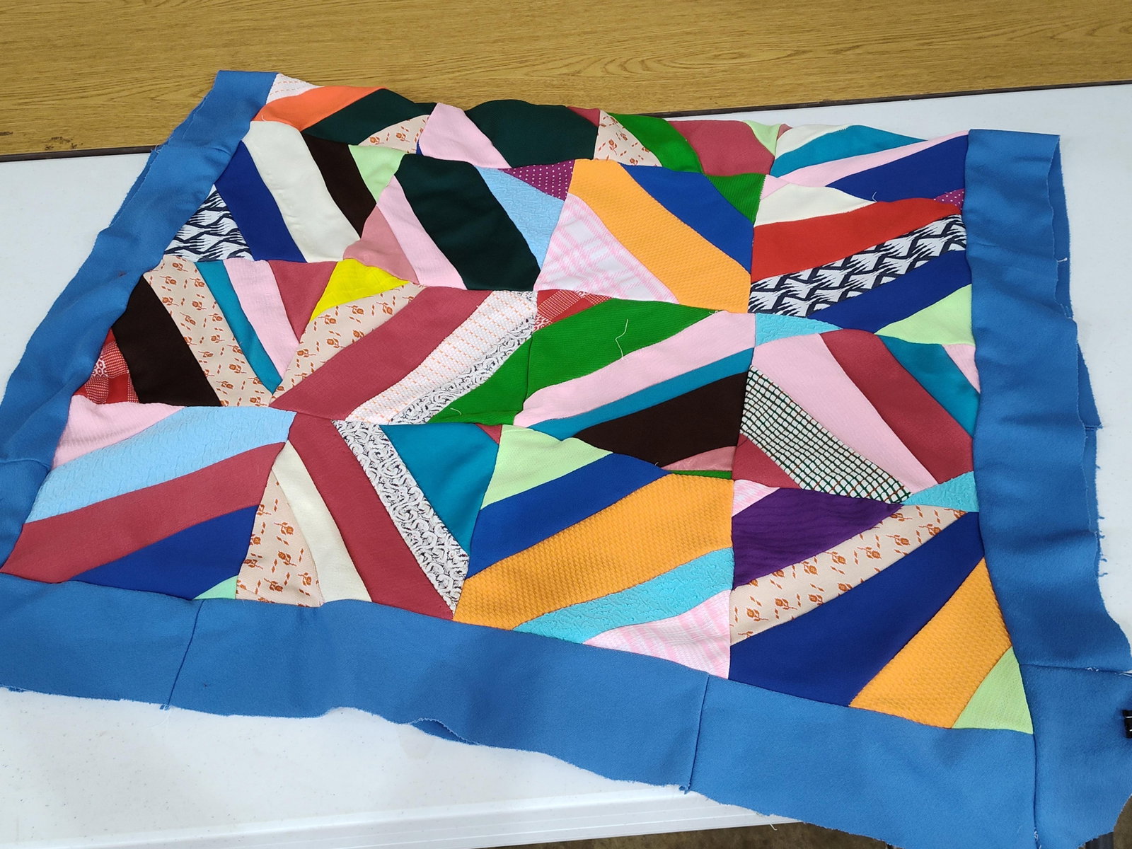 String-Pieced Patchwork Quilt Top w/ Blue Border - 2