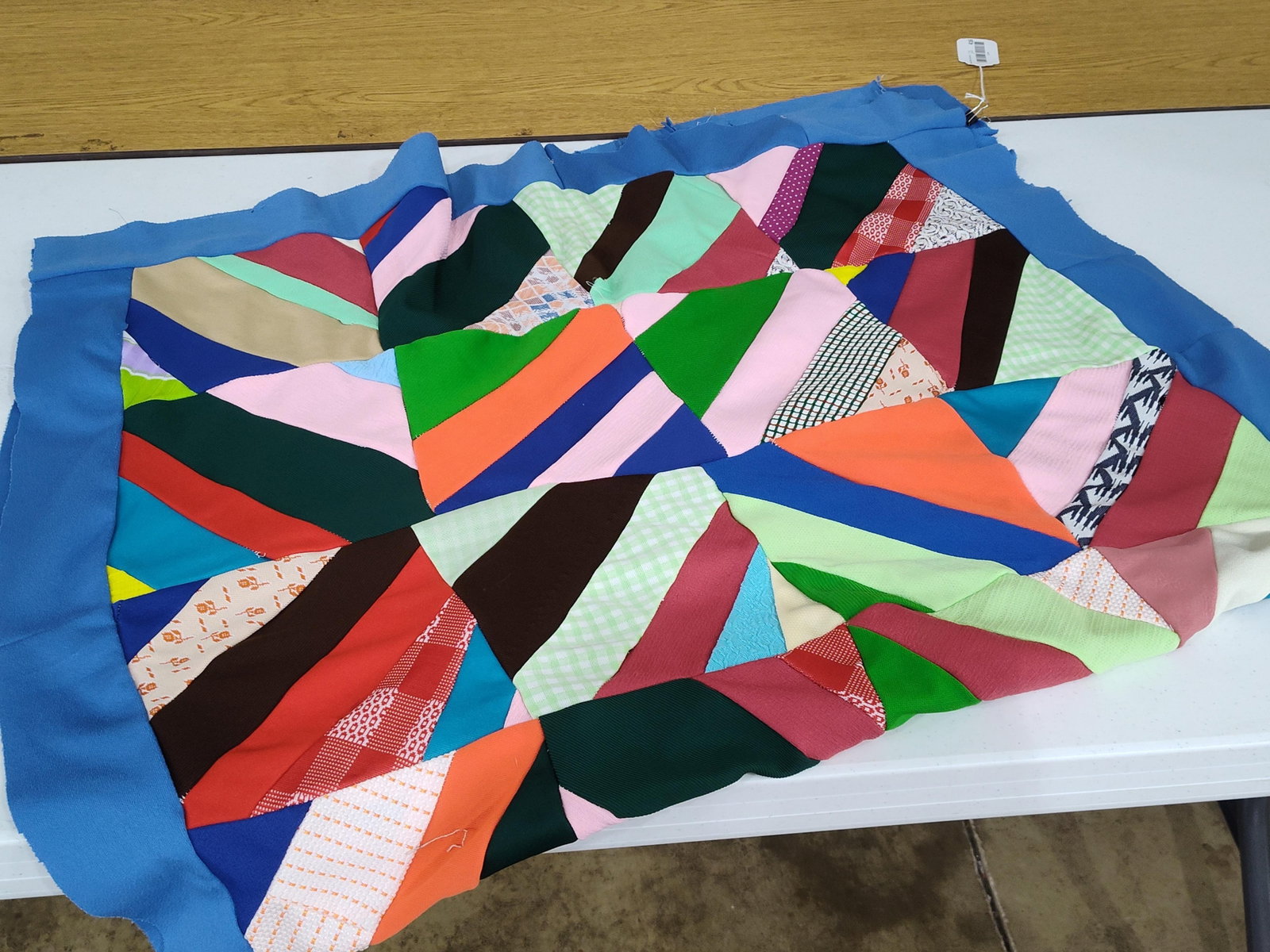 String-Pieced Patchwork Quilt Top w/ Blue Border - 3