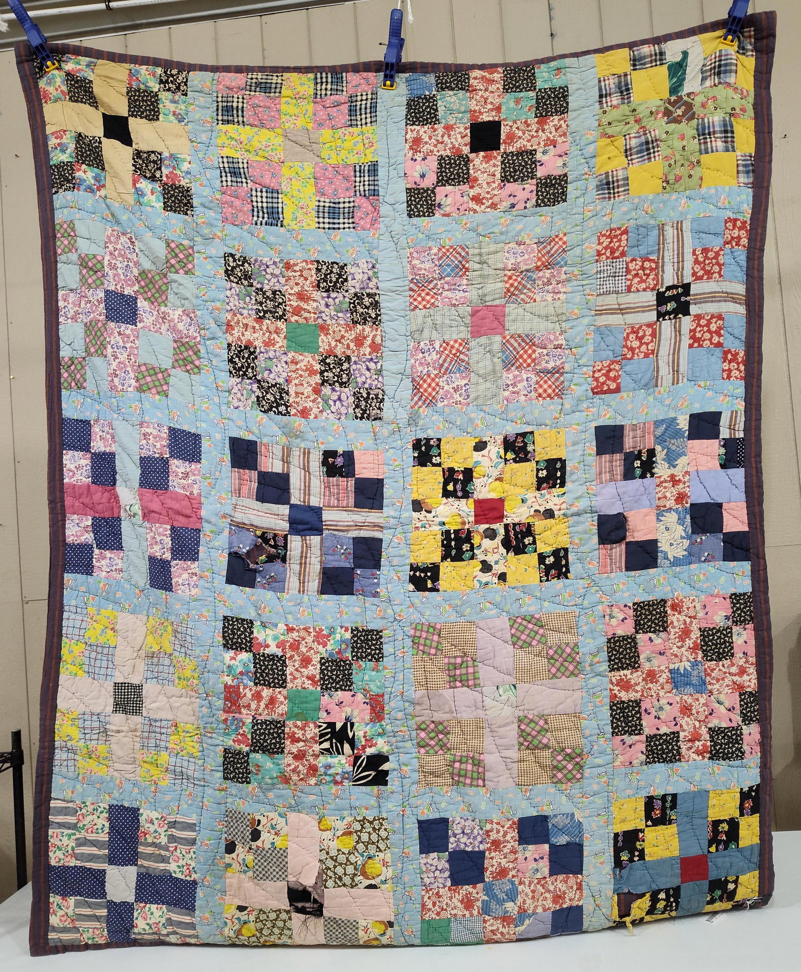 Hand-Quilted Nine Patch Variation Scrap Quilt - 2
