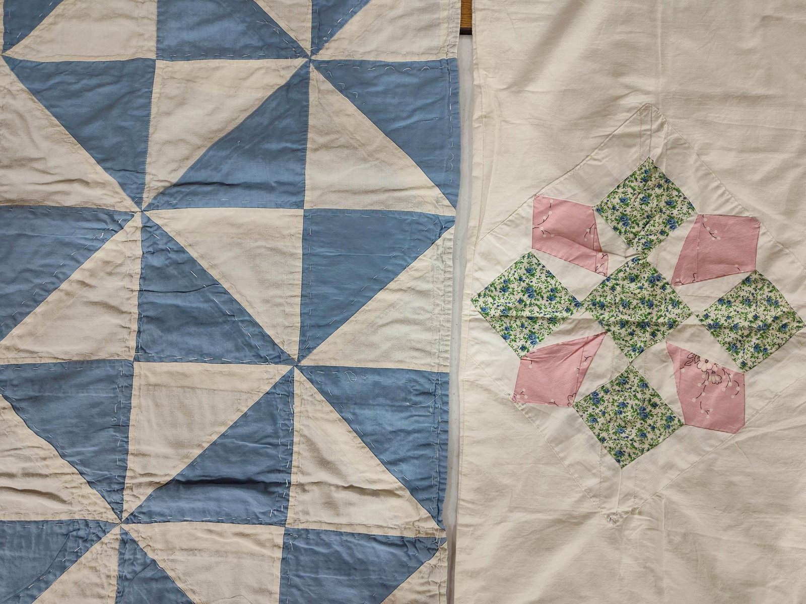 Two American Hand-Stitched Cotton Textiles: This lot consists of two vintage American hand-stitched cotton textile items, likely dating from the mid-20th century. The first item is a patchwork quilt top or lightweight quilt featuring a classic 